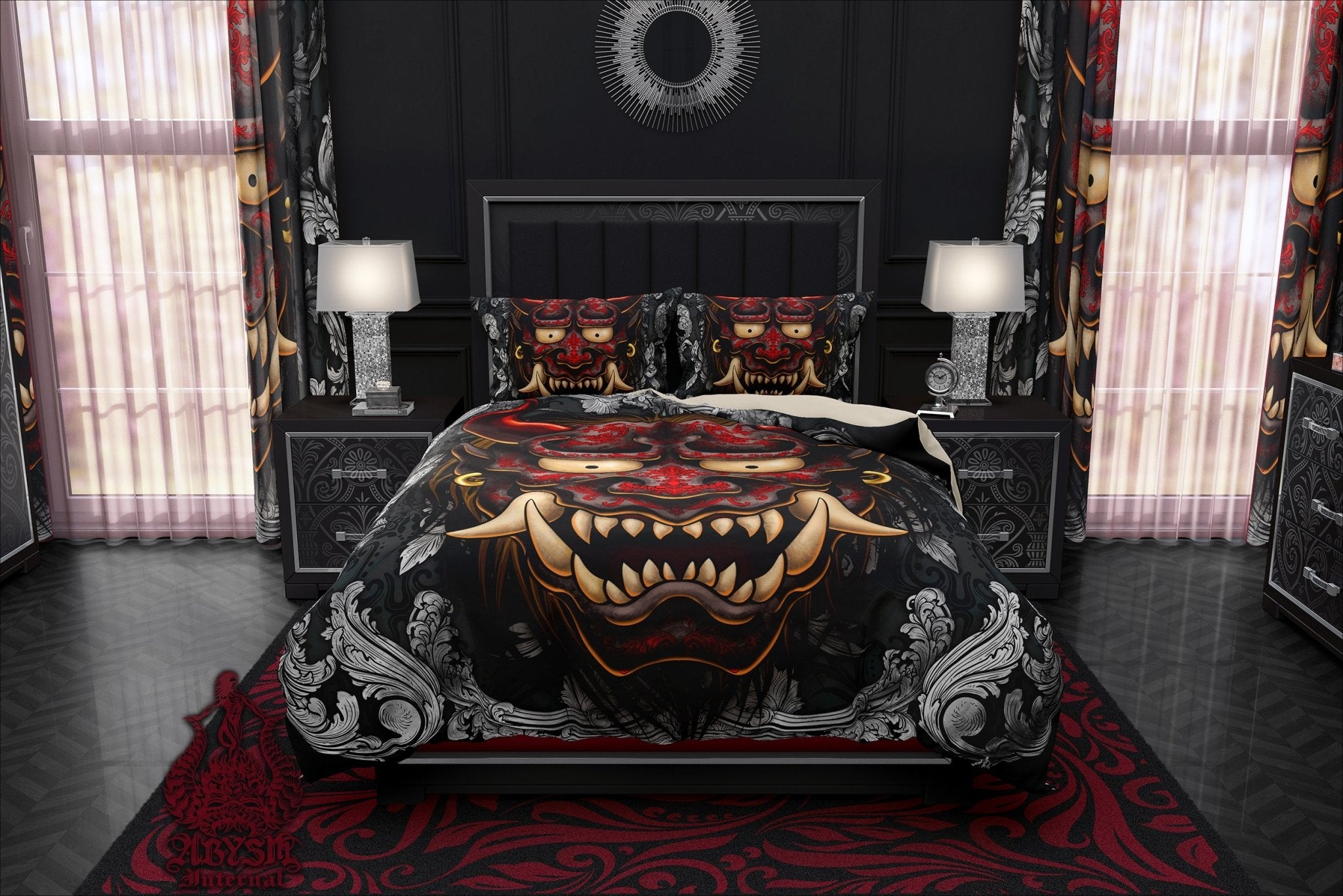 Oni Bedding Set, Comforter or Duvet, Anime Bed Cover, Alternative Bedroom Decor, King, Queen & Twin Size - Silver and Red, Japanese Demon, 2 Colors - Abysm Internal