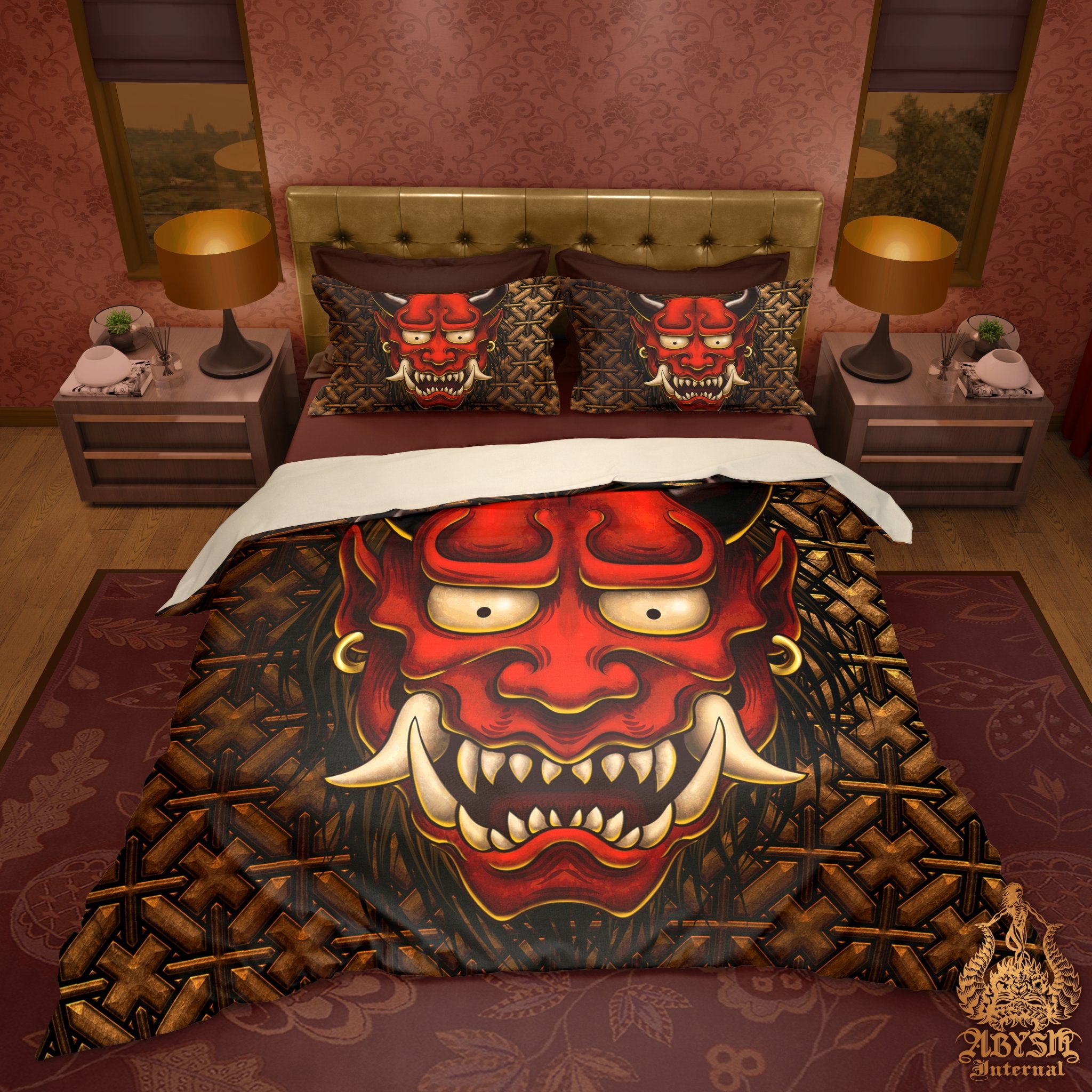Oni Bedding Set, Comforter or Duvet, Anime Bed Cover, Bedroom Decor, King, Queen & Twin Size - White or Red Japanese Demon, Original 2 Colors - Abysm Internal