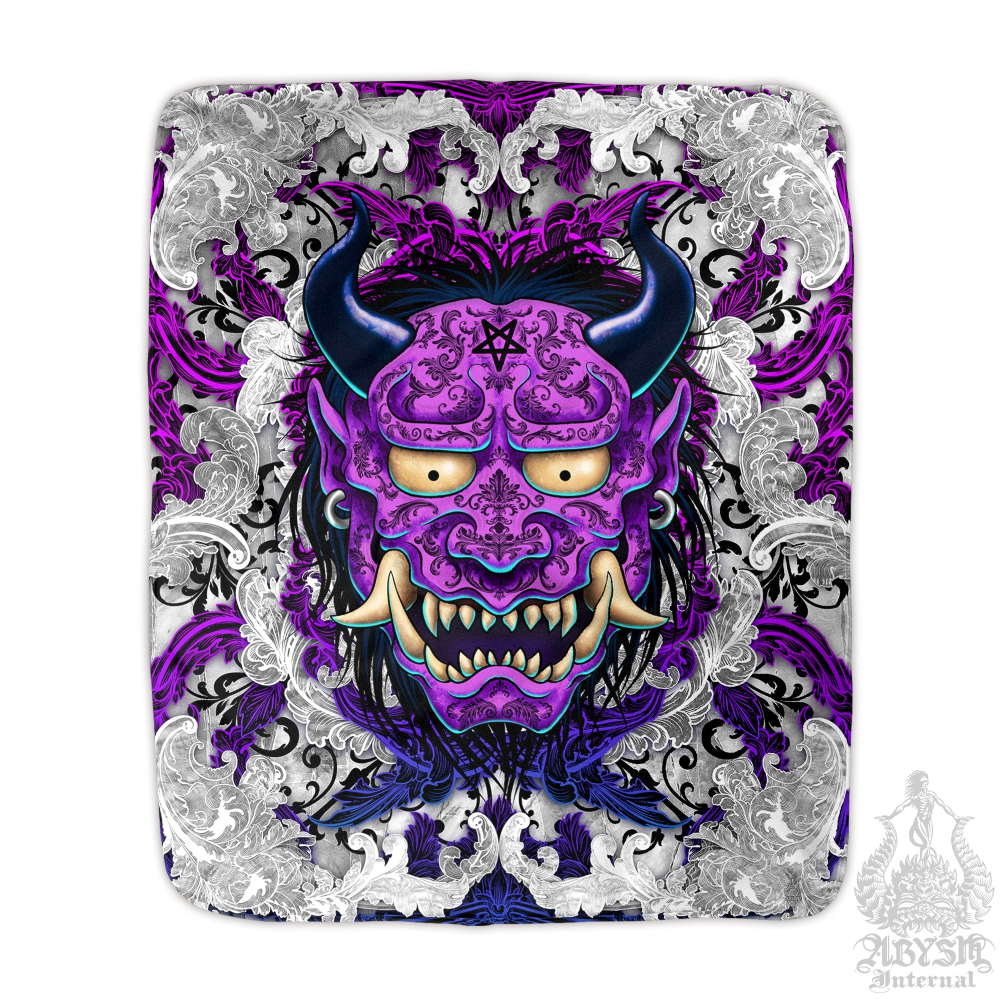 Oni Blanket, Throw Fleece, Japanese Demon, White Goth Decor, Alternative Art Gift - Purple, 2 Colors - Abysm Internal