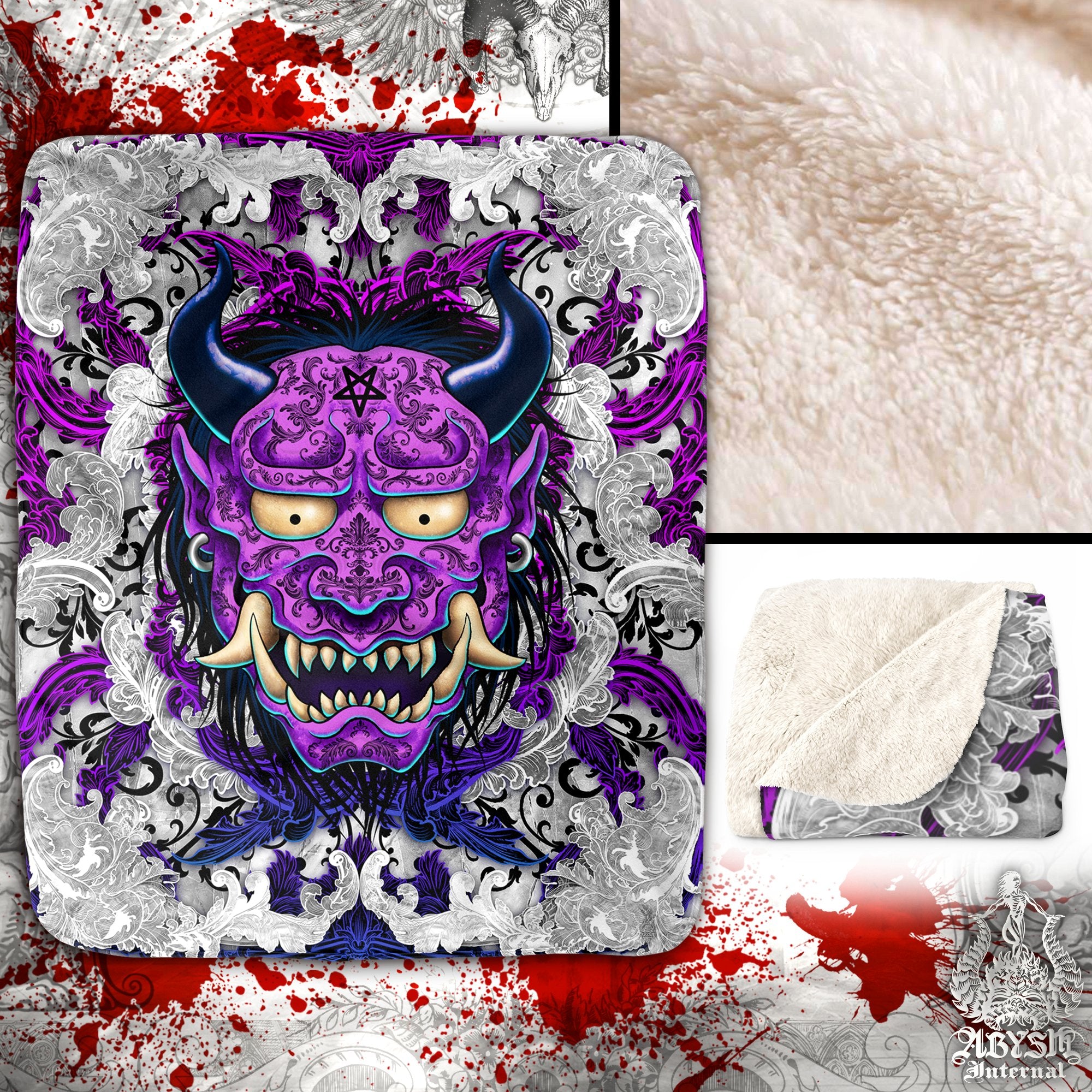 Oni Blanket, Throw Fleece, Japanese Demon, White Goth Decor, Alternative Art Gift - Purple, 2 Colors - Abysm Internal