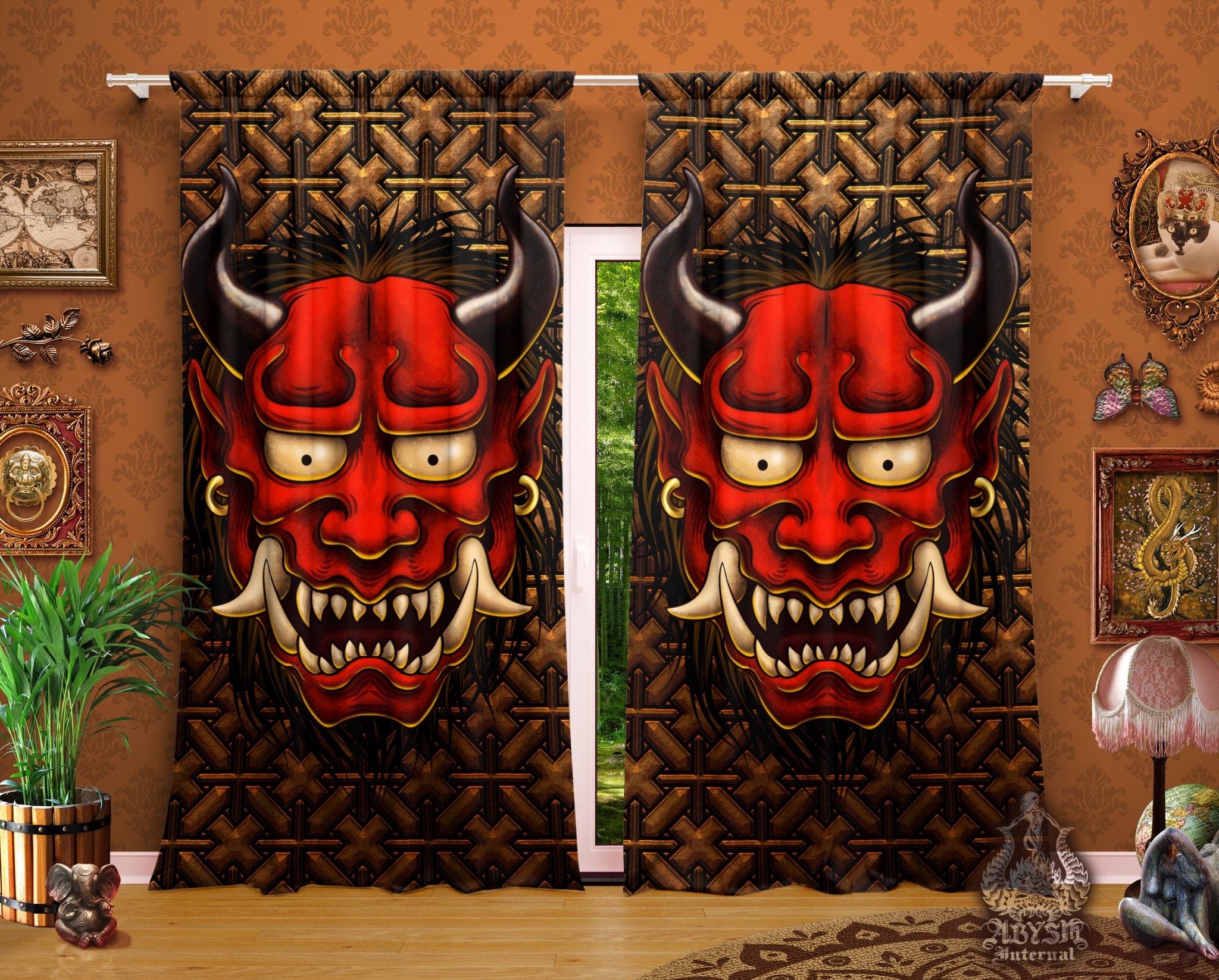 Oni Curtains, 50x84' Printed Window Panels, Japanese Demon, Asian Decor, Art Print - Original White or Red, 2 Colors - Abysm Internal