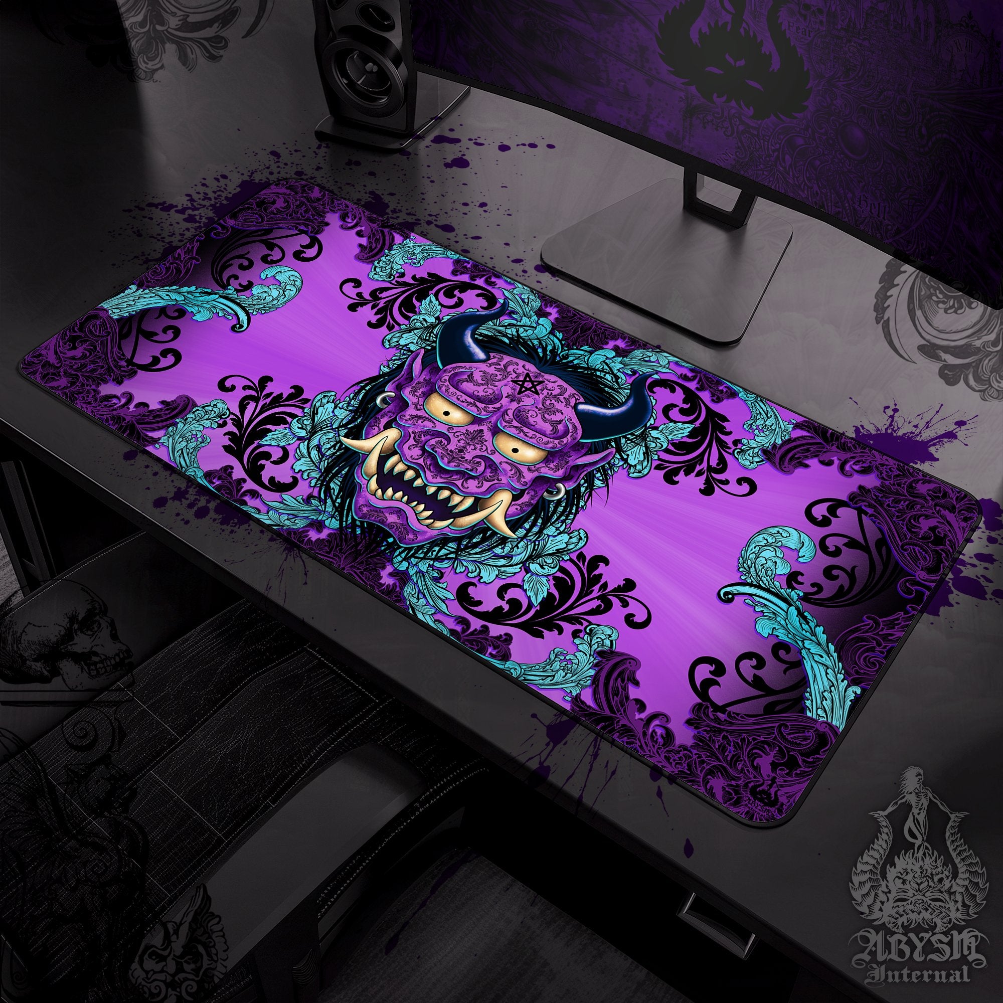 Oni Gaming Desk Mat, Japanese Demon Mouse Pad, Gamer Table Protector Cover, Pastel Goth Workpad, Anime Yokai Art Print - Black Purple - Abysm Internal