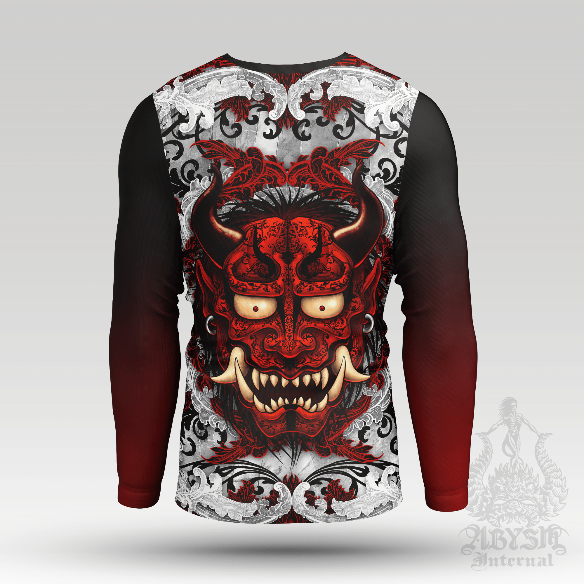 Oni Rash Guard - Japanese Demon Long Sleeve Surf Shirt, Bloody White Goth Water Sports Top | Fantasy Yokai Art UV Protection Activewear for Men and Women - Abysm Internal