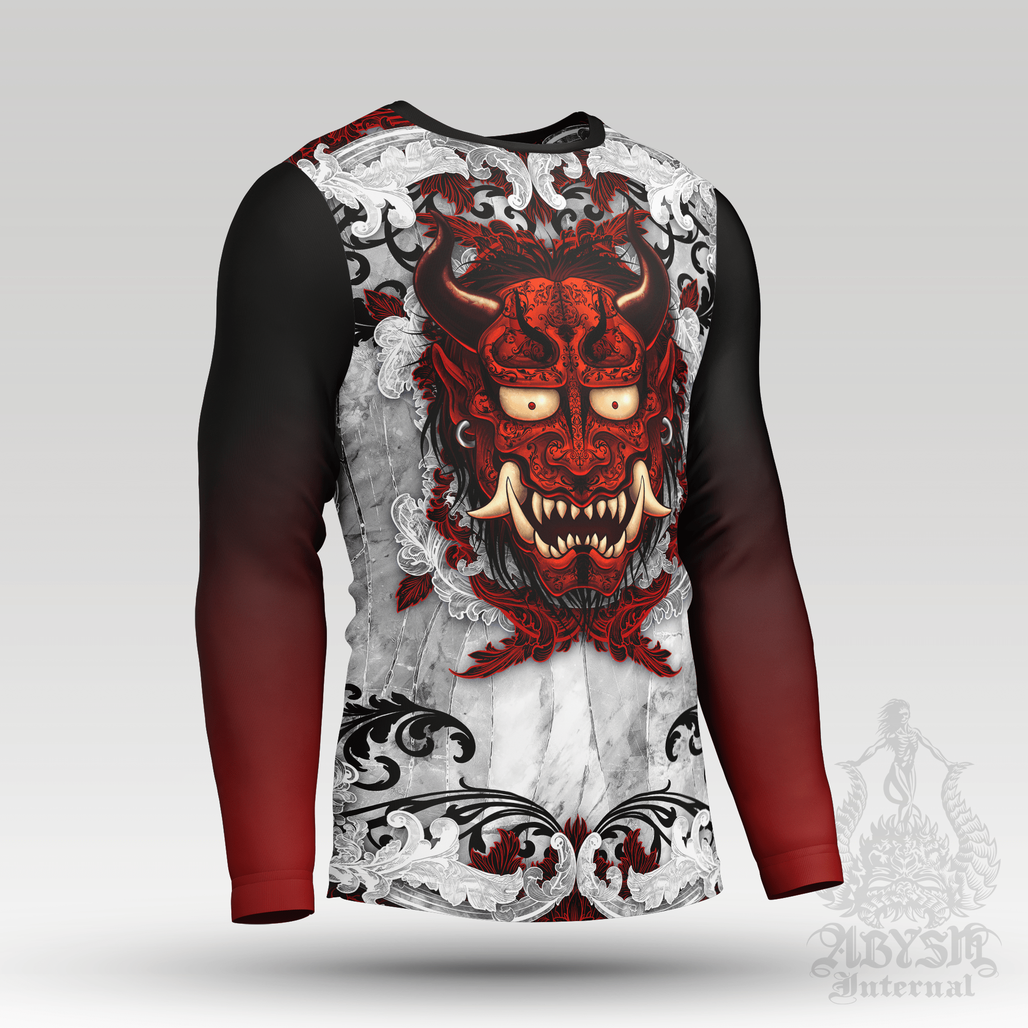 Oni Rash Guard - Japanese Demon Long Sleeve Surf Shirt, Bloody White Goth Water Sports Top | Fantasy Yokai Art UV Protection Activewear for Men and Women - Abysm Internal