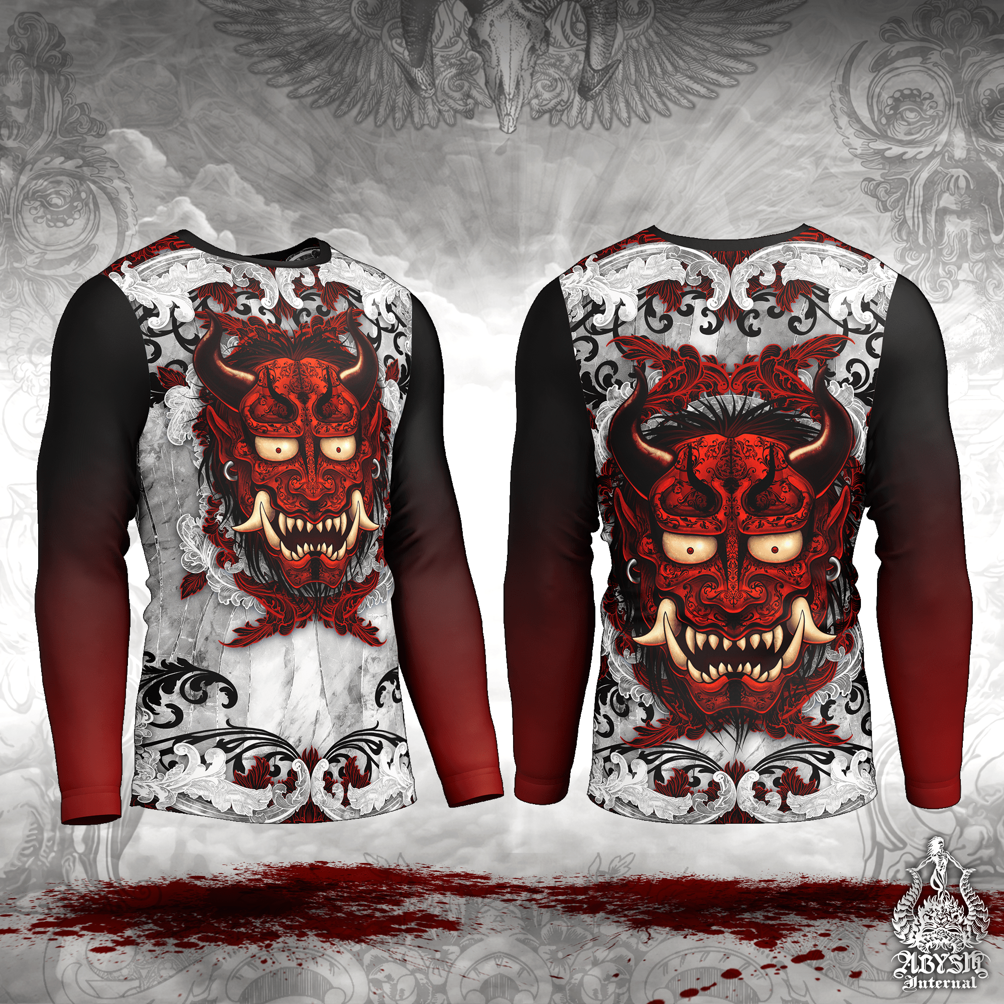 Oni Rash Guard - Japanese Demon Long Sleeve Surf Shirt, Bloody White Goth Water Sports Top | Fantasy Yokai Art UV Protection Activewear for Men and Women - Abysm Internal