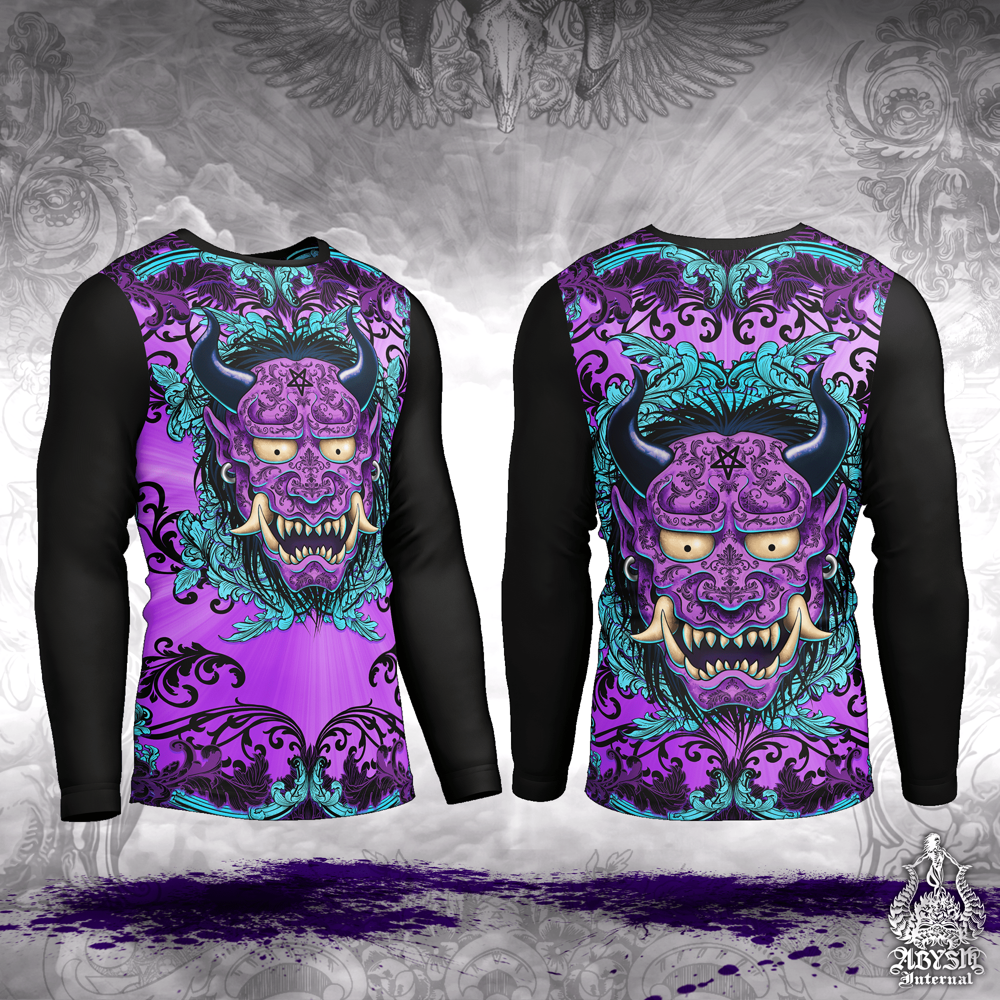 Oni Rash Guard - Japanese Demon Long Sleeve Surf Shirt, Pastel Goth, Purple and Black Water Sports Top | Fantasy Yokai Art UV Protection Activewear for Men and Women - Abysm Internal