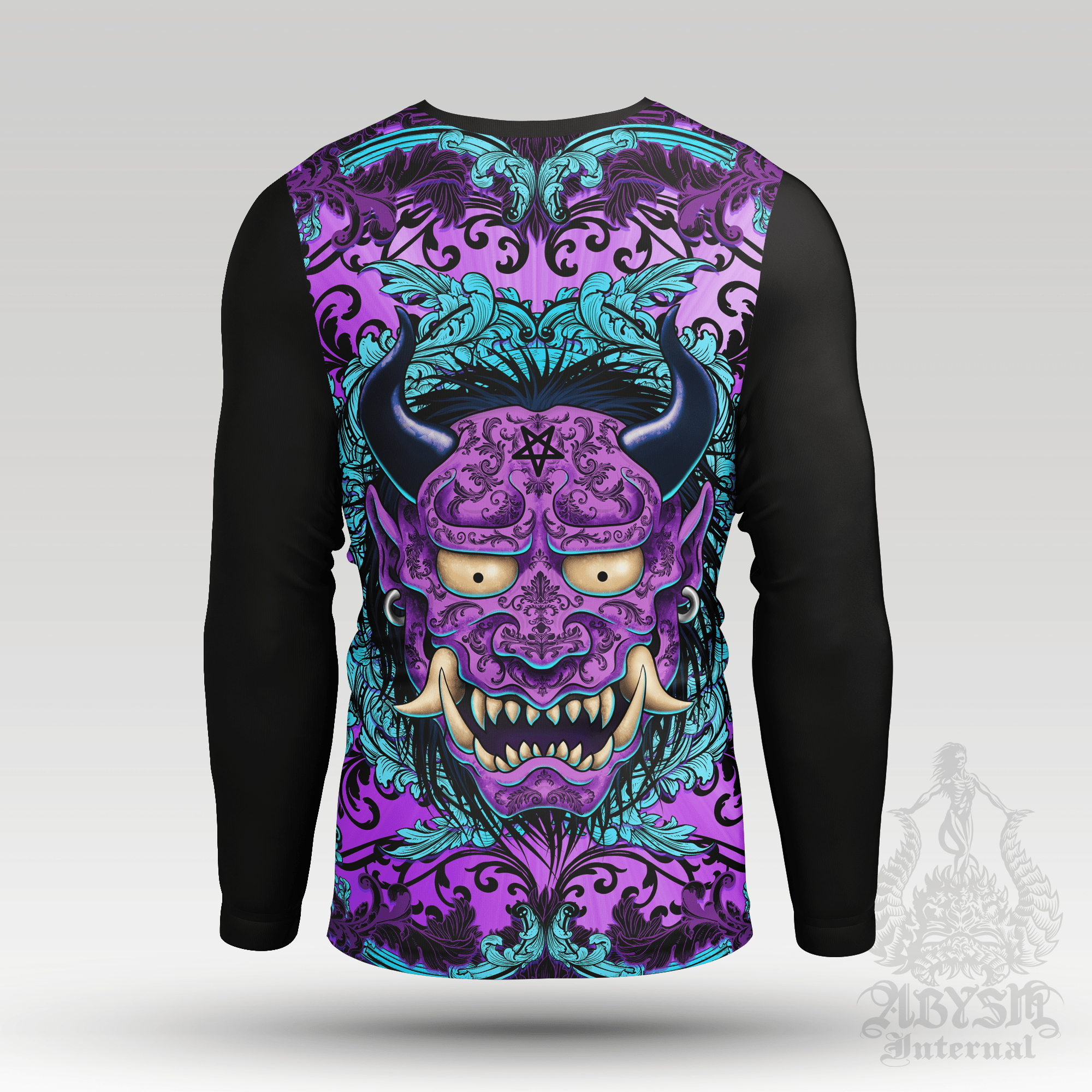Oni Rash Guard - Japanese Demon Long Sleeve Surf Shirt, Pastel Goth, Purple and Black Water Sports Top | Fantasy Yokai Art UV Protection Activewear for Men and Women - Abysm Internal