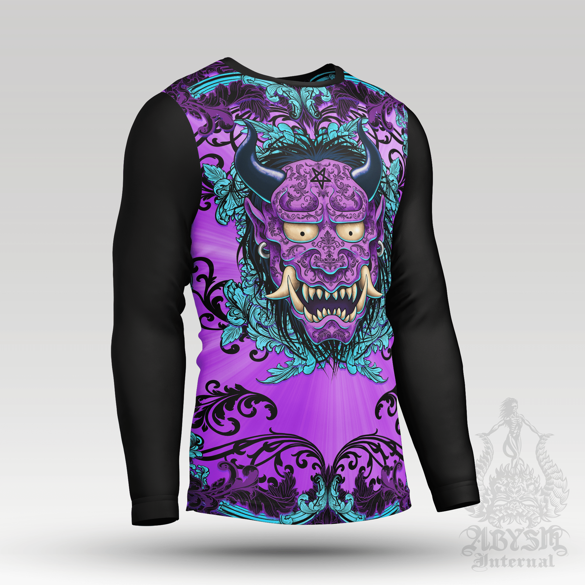 Oni Rash Guard - Japanese Demon Long Sleeve Surf Shirt, Pastel Goth, Purple and Black Water Sports Top | Fantasy Yokai Art UV Protection Activewear for Men and Women - Abysm Internal