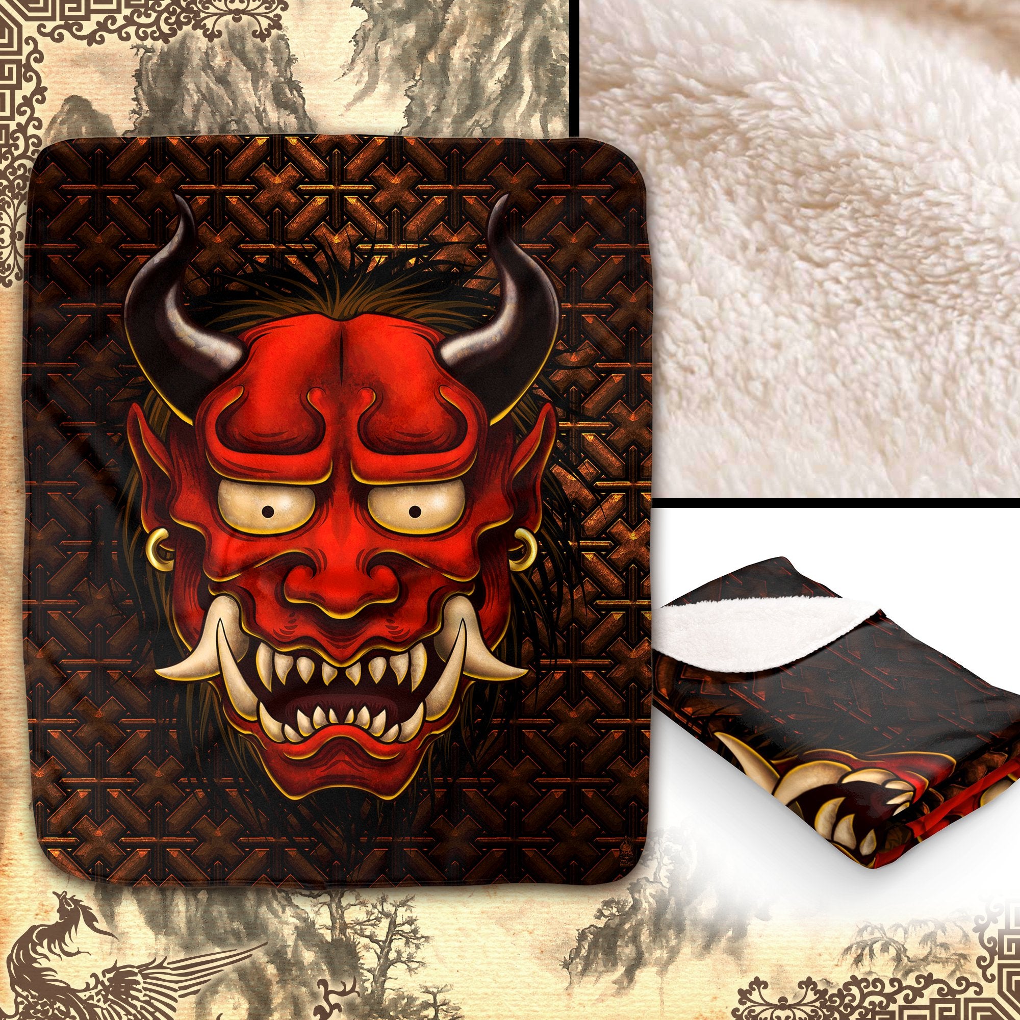 Oni Sherpa Fleece Throw Blanket, Japanese Demon, Alternative Home Decor, Eclectic and Funky Gift - Original White and Red, 2 Colors - Abysm Internal
