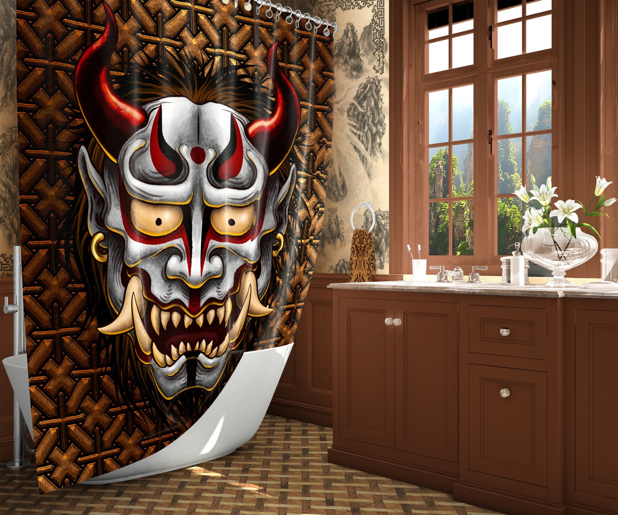 Oni Shower Curtain, 71x74 inches, Anime Bathroom Decor, Fantasy, Japanese Demon - Original Red or White, 2 Colors - Abysm Internal