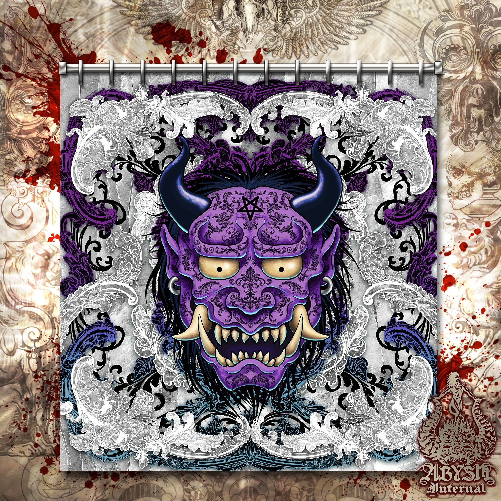 Oni Shower Curtain, 71x74 inches, Anime, Gothic Bathroom Decor, Purple & White Goth, Japanese Demon, 2 Colors - Abysm Internal