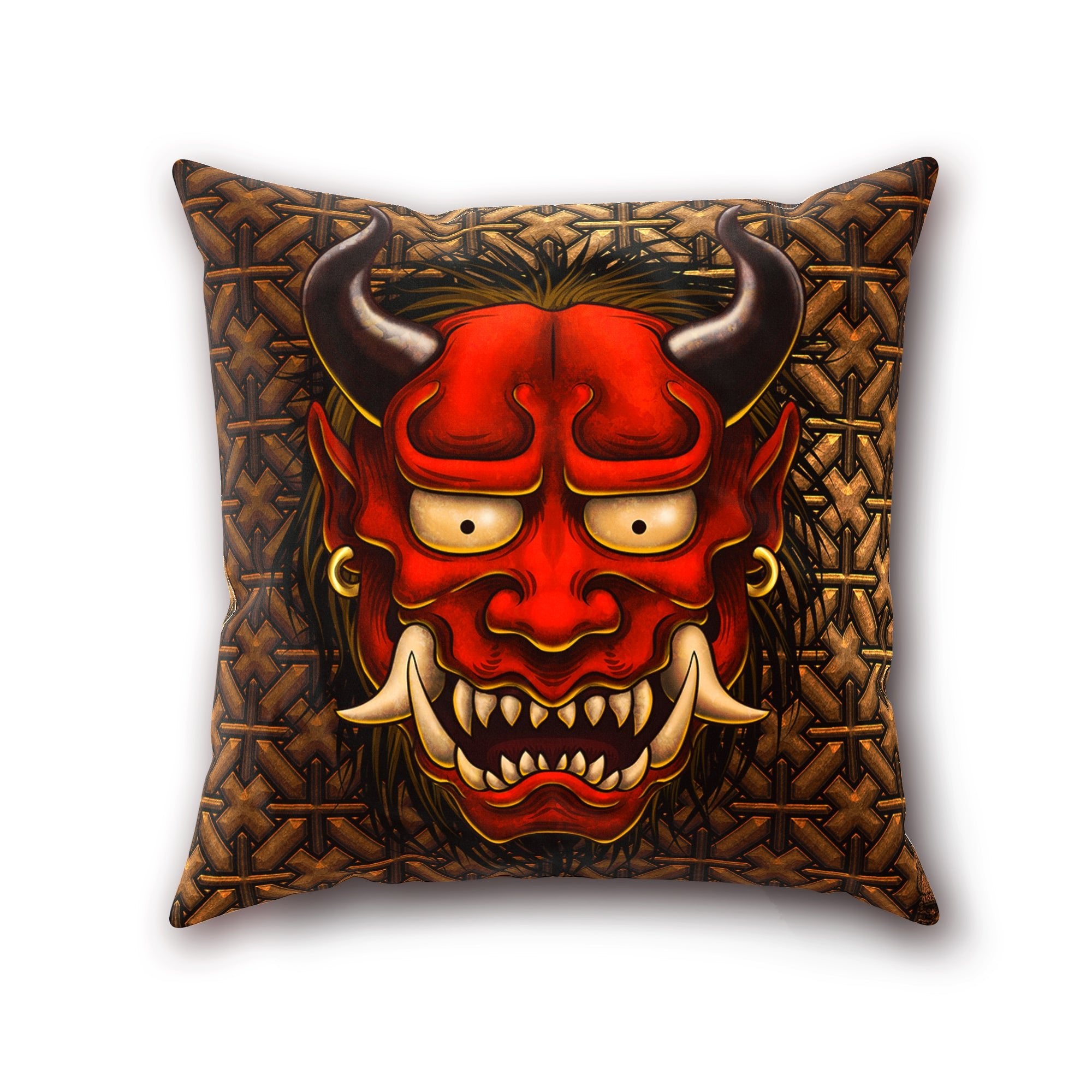 Oni Throw Pillow, Decorative Accent Pillow, Square Cushion Cover, Demon, Asia Decor - Original White or Red, 2 Colors - Abysm Internal