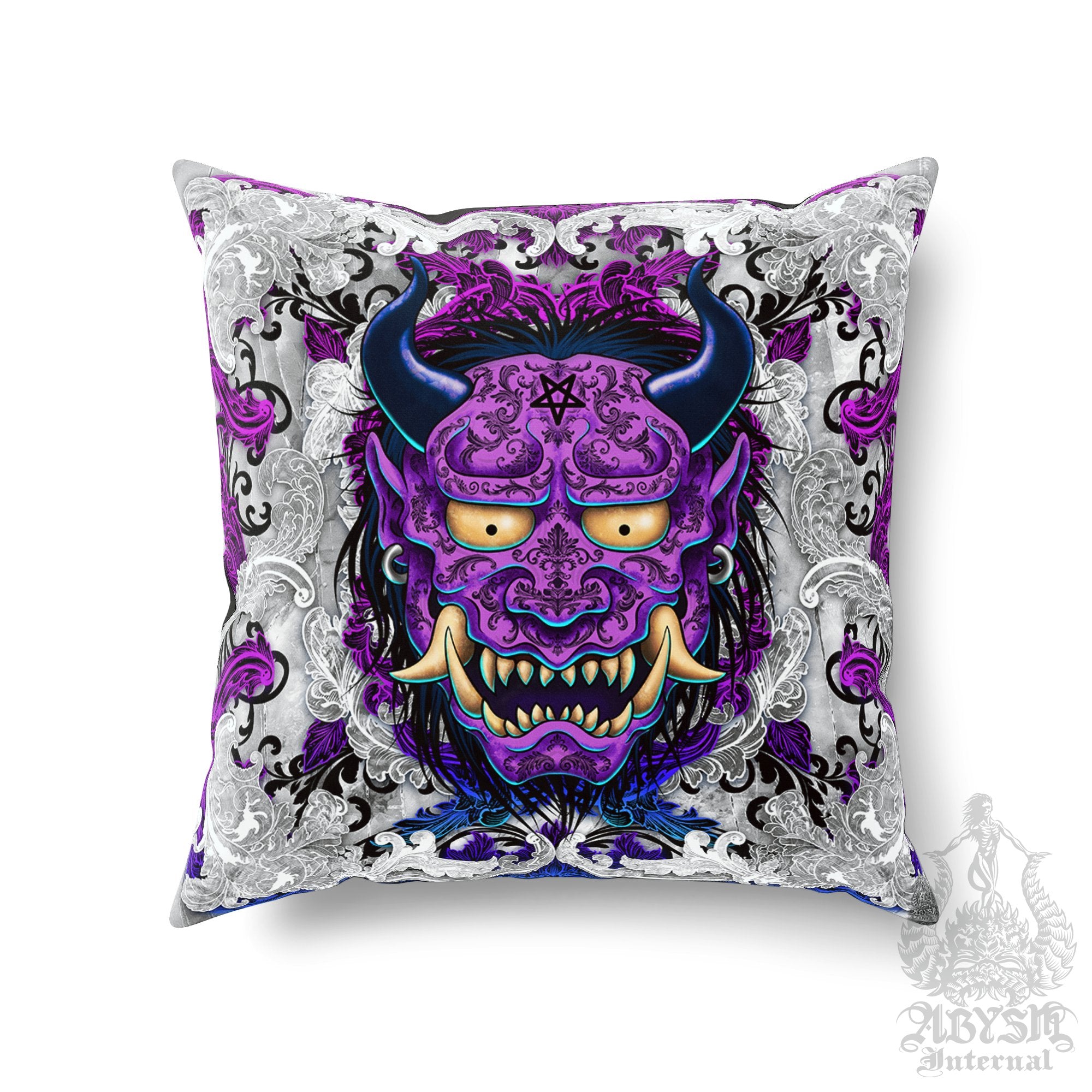 Oni Throw Pillow, Decorative Accent Pillow, Square Cushion Cover, Japanese Demon, Anime and Gamer Room Decor, Alternative Home - White Goth Purple, 2 Colors - Abysm Internal