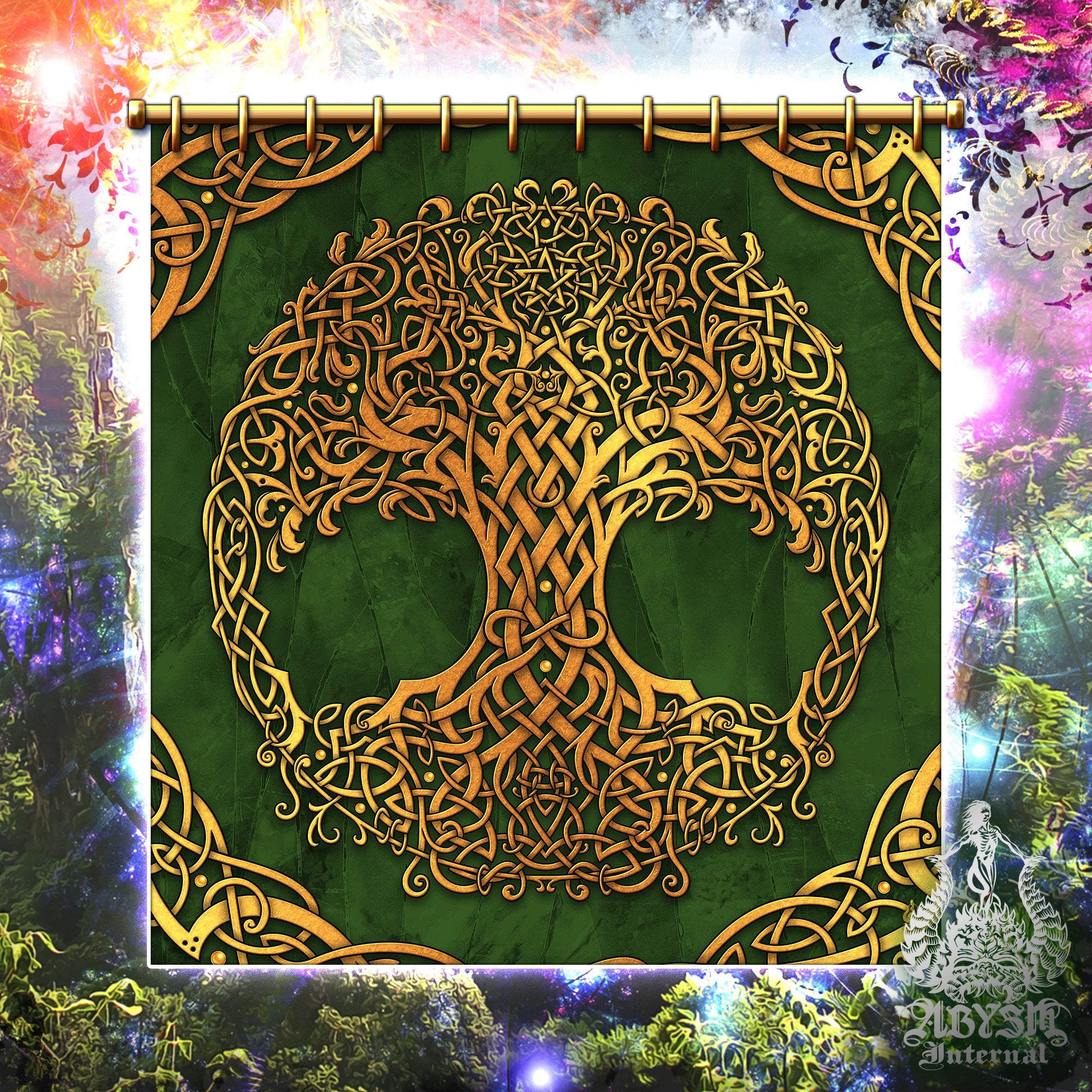 Pagan Shower Curtain, 71x74 inches, Hippie and Boho Bathroom Decor, Gold Tree of Life, Celtic Knot, Eclectic and Funky Home Art - 3 Colors - Abysm Internal