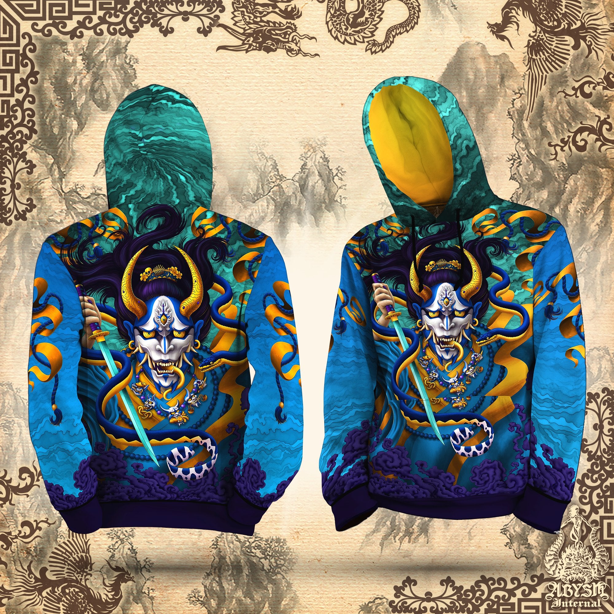 Parkour Hoodie, Japanese Demon Sweater, Manga and Anime Streetwear, Fantasy Street Outfit, Hannya Pullover, Alternative Clothing, Unisex - Oni and Snake, Cyan Gold - Abysm Internal