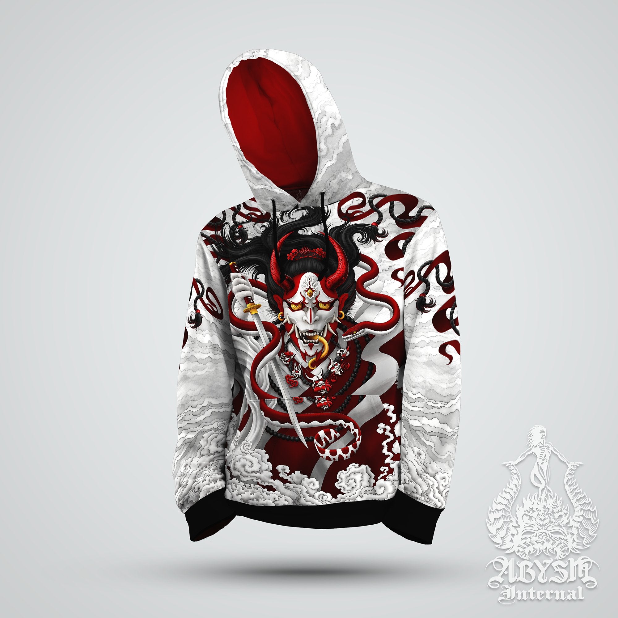 Parkour Hoodie, Japanese Demon Sweater, Manga and Anime Streetwear, White Goth Red Street Outfit, Hannya Pullover, Alternative Clothing, Unisex - Oni and Snake - Abysm Internal