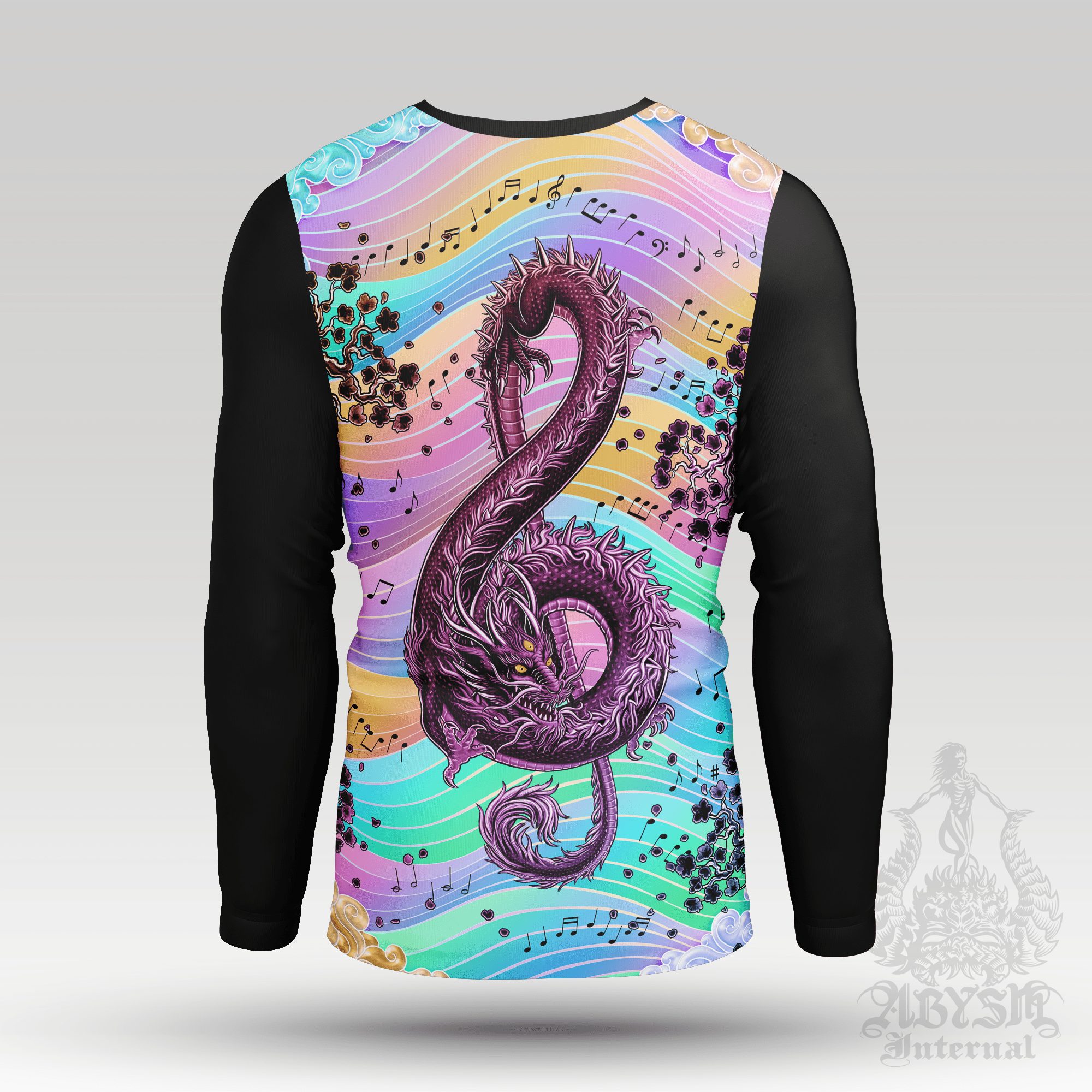 Pastel Dragon Rash Guard - Psychedelic Music, Black Treble Clef Long Sleeve Surf Shirt, Trippy Water Sports Top | Fantasy Art UV Protection Activewear for Men and Women - Abysm Internal