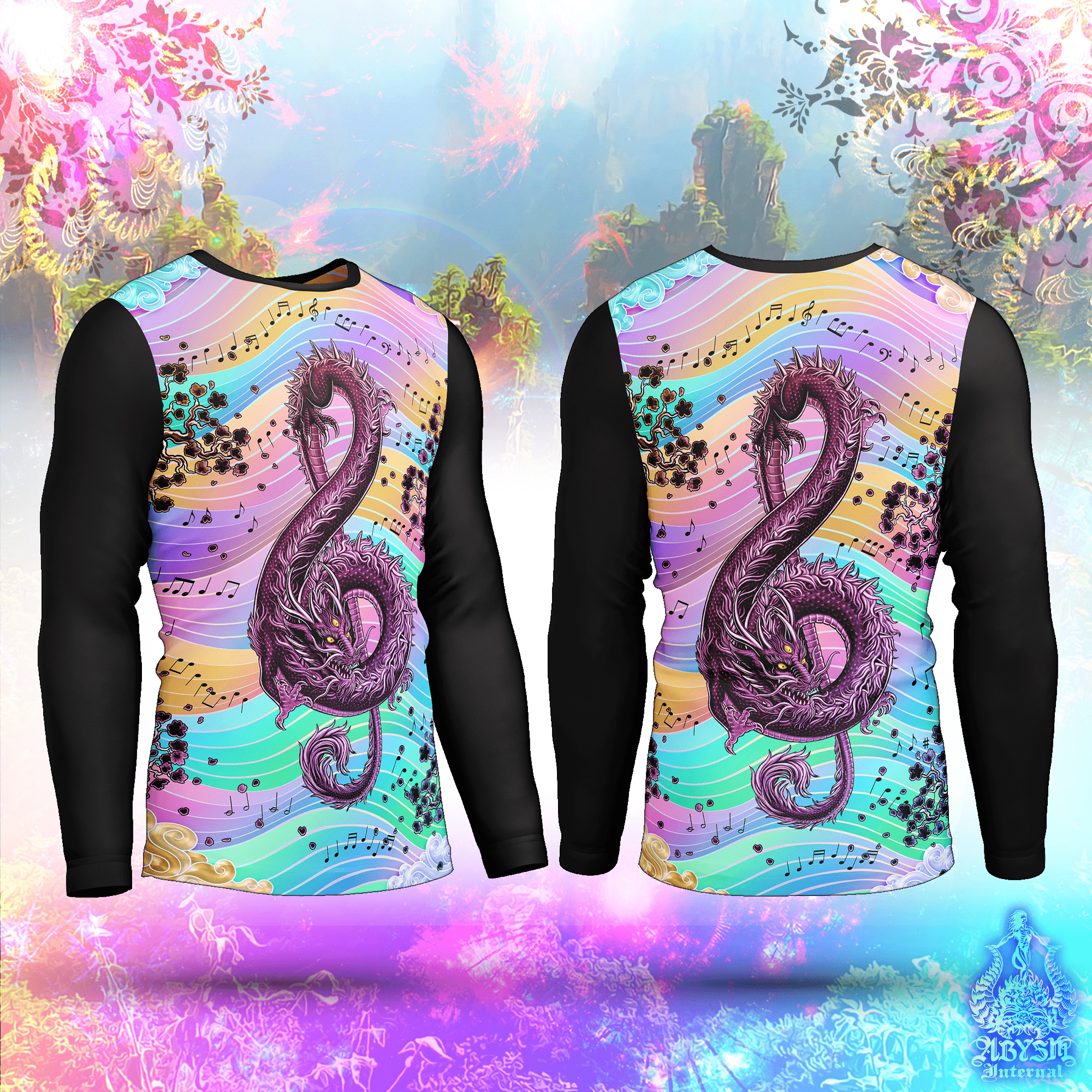 Pastel Dragon Rash Guard - Psychedelic Music, Black Treble Clef Long Sleeve Surf Shirt, Trippy Water Sports Top | Fantasy Art UV Protection Activewear for Men and Women - Abysm Internal