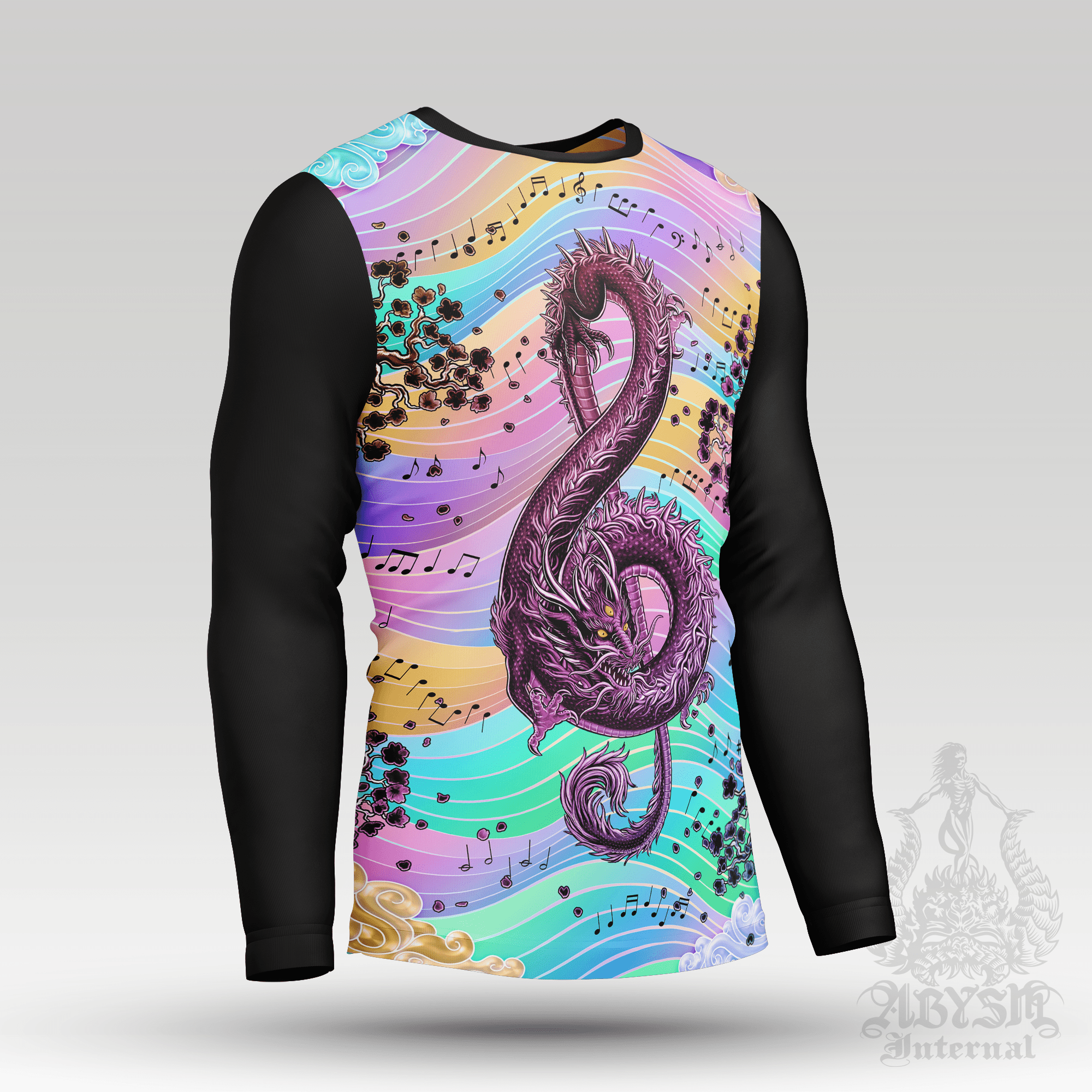 Pastel Dragon Rash Guard - Psychedelic Music, Black Treble Clef Long Sleeve Surf Shirt, Trippy Water Sports Top | Fantasy Art UV Protection Activewear for Men and Women - Abysm Internal