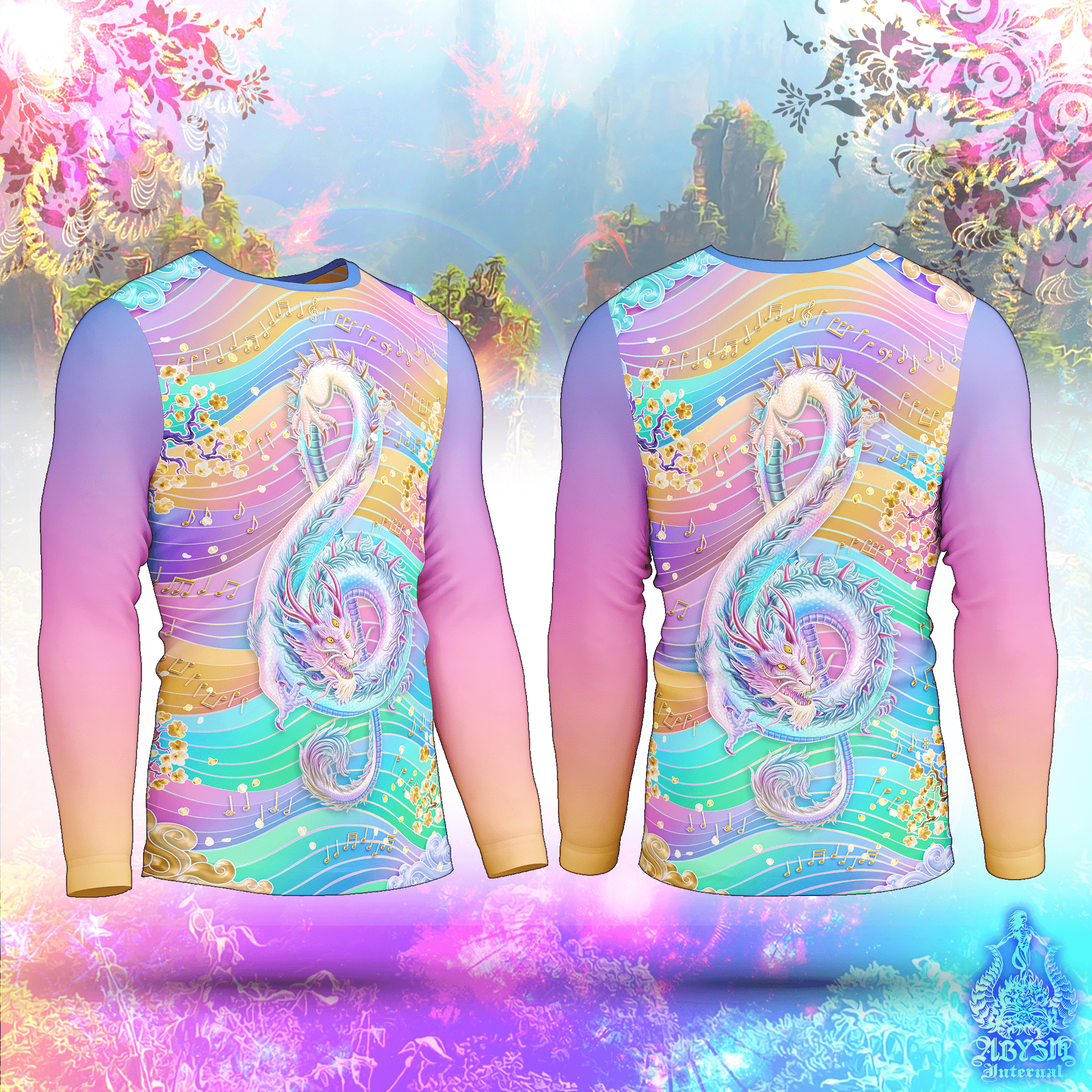 Pastel Dragon Rash Guard - Psychedelic Music, Harajuku Aesthetic Treble Clef Long Sleeve Surf Shirt, Trippy Water Sports Top | Fantasy Art UV Protection Activewear for Men and Women - Abysm Internal