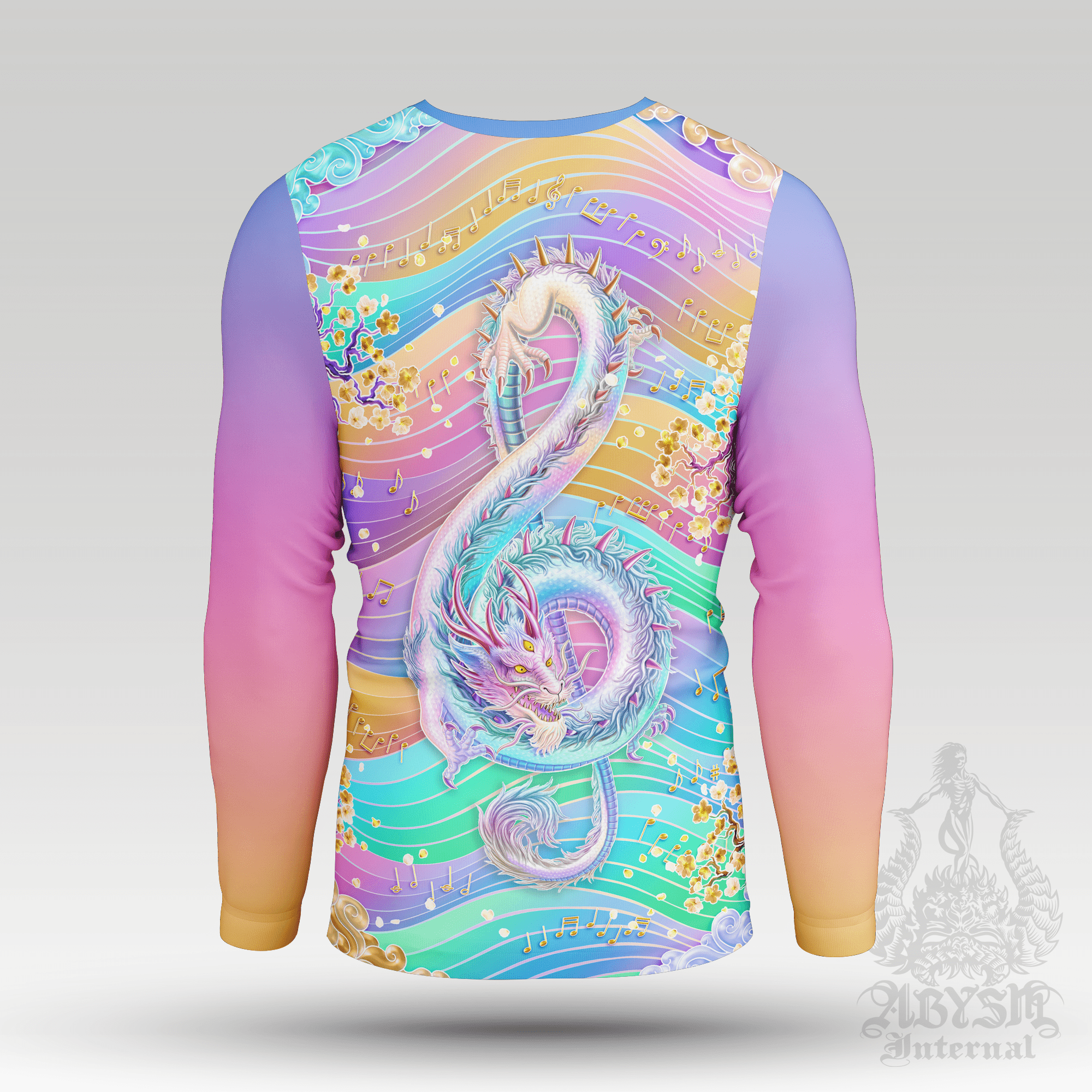 Pastel Dragon Rash Guard - Psychedelic Music, Harajuku Aesthetic Treble Clef Long Sleeve Surf Shirt, Trippy Water Sports Top | Fantasy Art UV Protection Activewear for Men and Women - Abysm Internal
