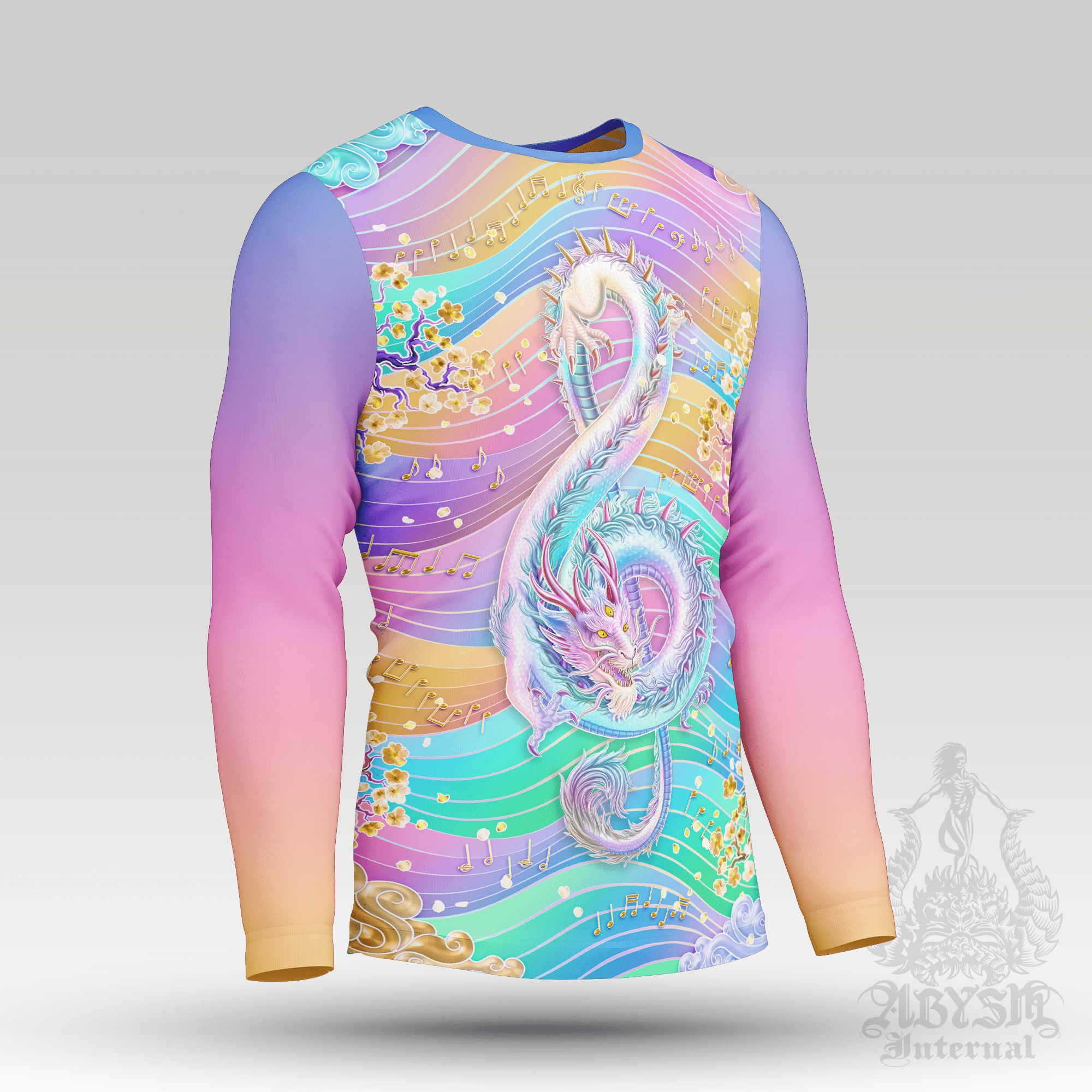 Pastel Dragon Rash Guard - Psychedelic Music, Harajuku Aesthetic Treble Clef Long Sleeve Surf Shirt, Trippy Water Sports Top | Fantasy Art UV Protection Activewear for Men and Women - Abysm Internal