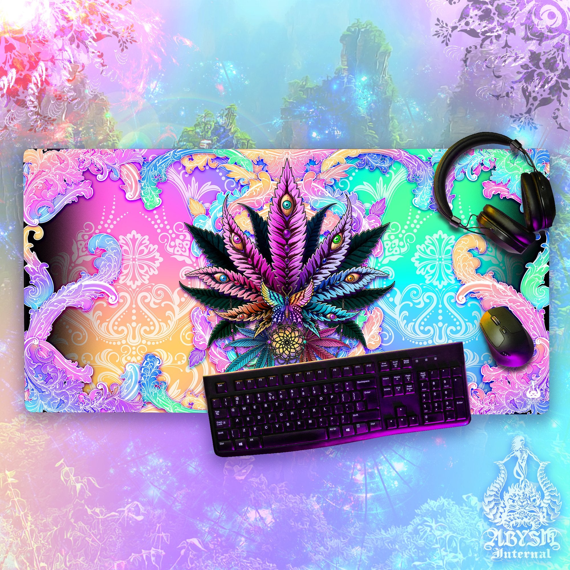 Pastel Gaming Desk Mat, Marijuana Mouse Pad, Psychedelic Cannabis Table Protector Cover, Weed Workpad, 420 Art Print - Black - Abysm Internal