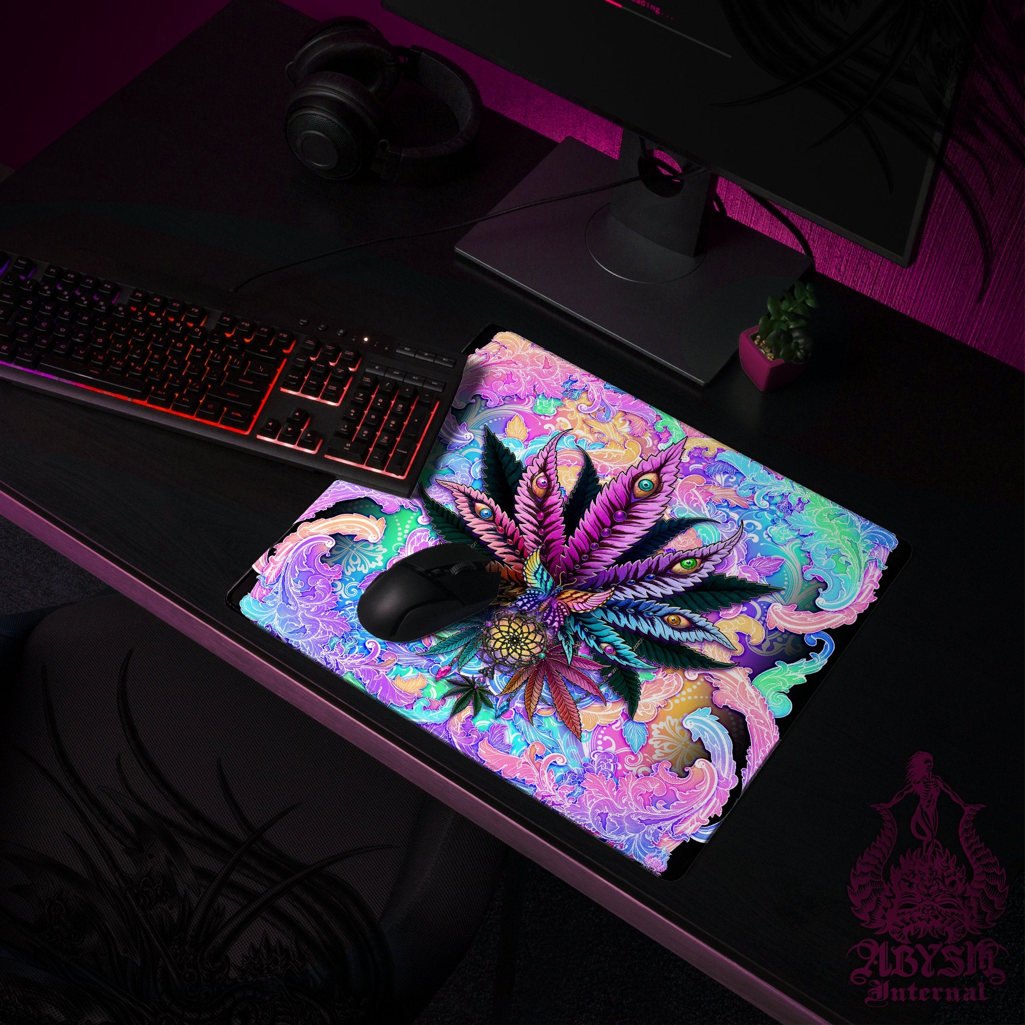 Pastel Gaming Desk Mat, Marijuana Mouse Pad, Psychedelic Cannabis Table Protector Cover, Weed Workpad, 420 Art Print - Black - Abysm Internal