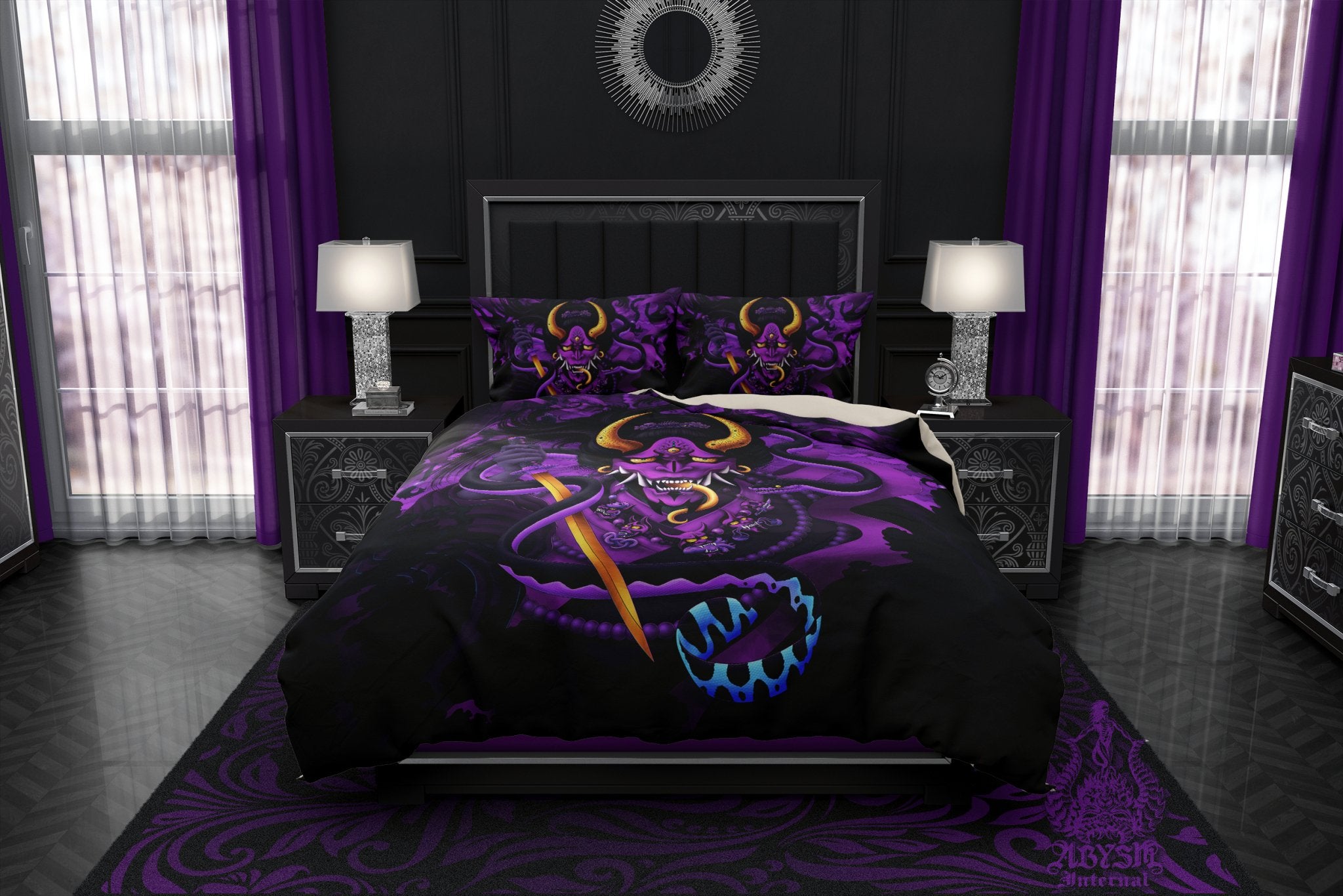 Pastel Goth Bedding Set, Comforter or Duvet, Anime Hannya Bed Cover, Japanese Demon Bedroom Decor, King, Queen & Twin Size - Snake, Black and Purple - Abysm Internal