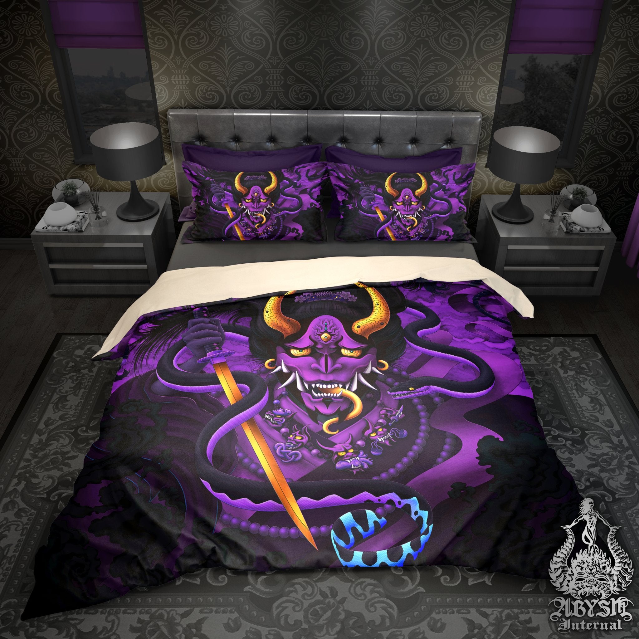 Pastel Goth Bedding Set, Comforter or Duvet, Anime Hannya Bed Cover, Japanese Demon Bedroom Decor, King, Queen & Twin Size - Snake, Black and Purple - Abysm Internal