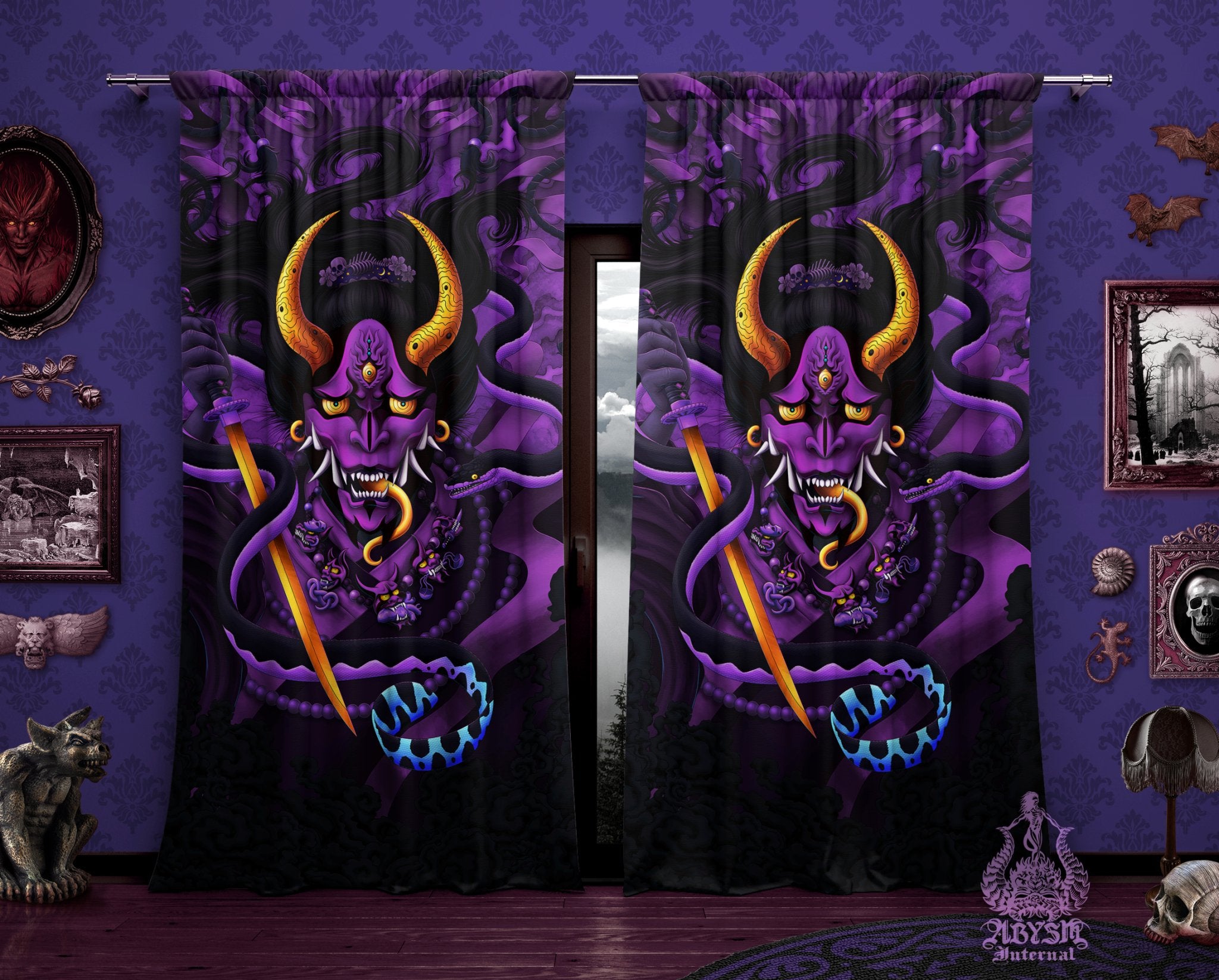 Pastel Goth Curtains, 50x84' Printed Window Panels, Hannya and Snake, Japanese Demon, Dark Fantasy Decor, Manga and Game Room Art Print - Black Purple - Abysm Internal