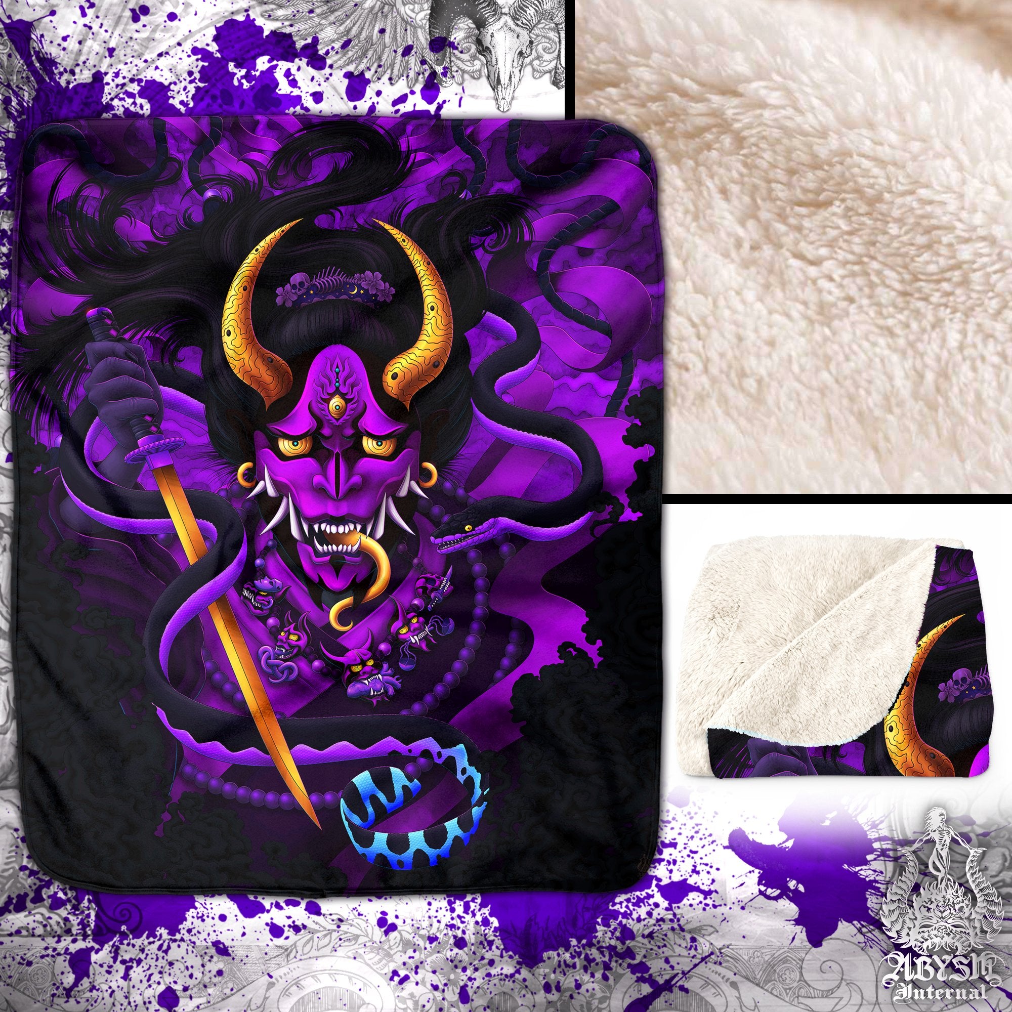 Pastel Goth Demon Sherpa Fleece Throw Blanket, Japanese Hannya, Gothic Anime and Gamer Room Decor - Snake, Black Purple - Abysm Internal