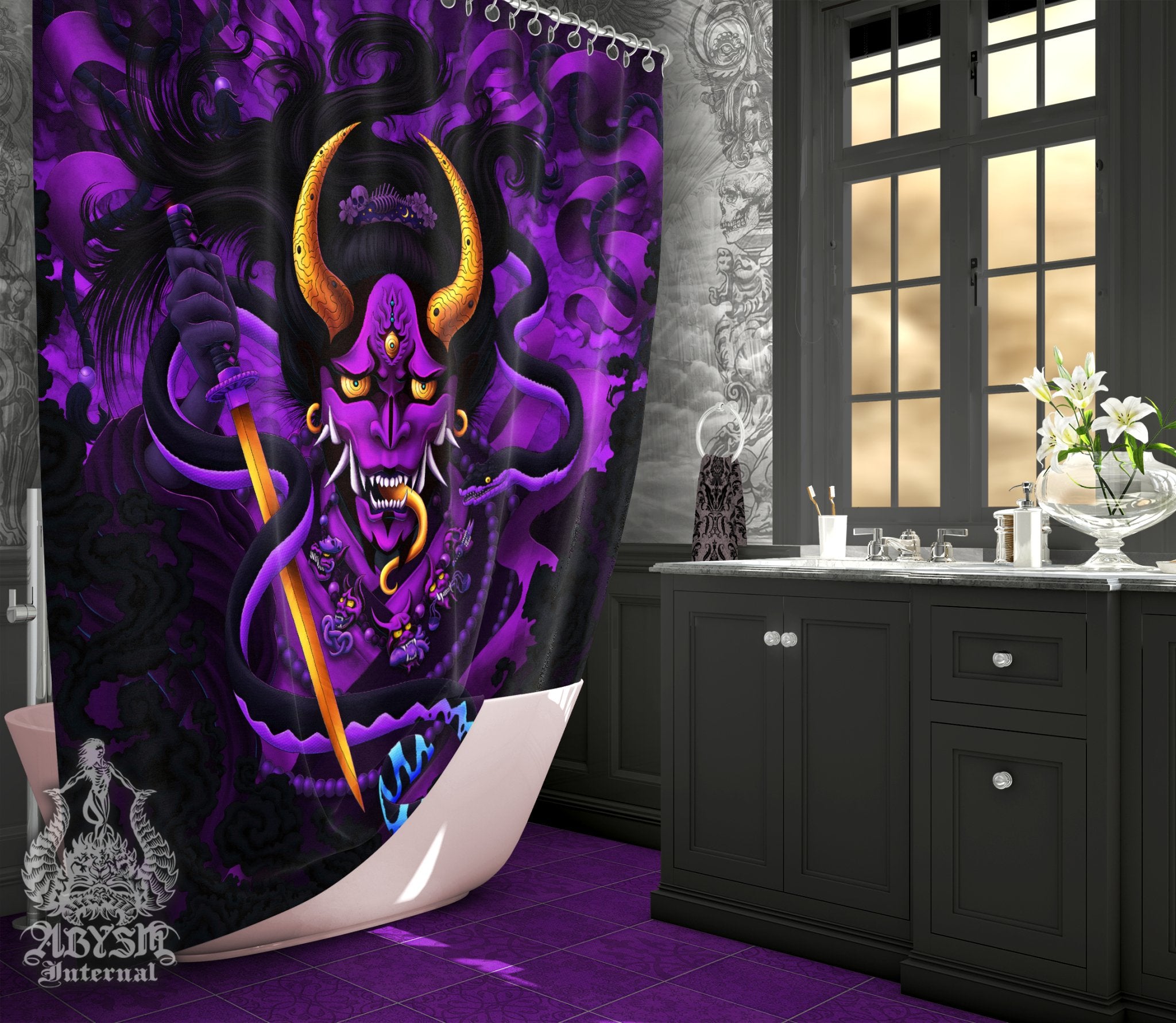 Pastel Goth Demon Shower Curtain, 71x74 inches, Japanese Hannya, Youkai Anime and Gamer Bathroom Decor - Snake, Black Purple - Abysm Internal