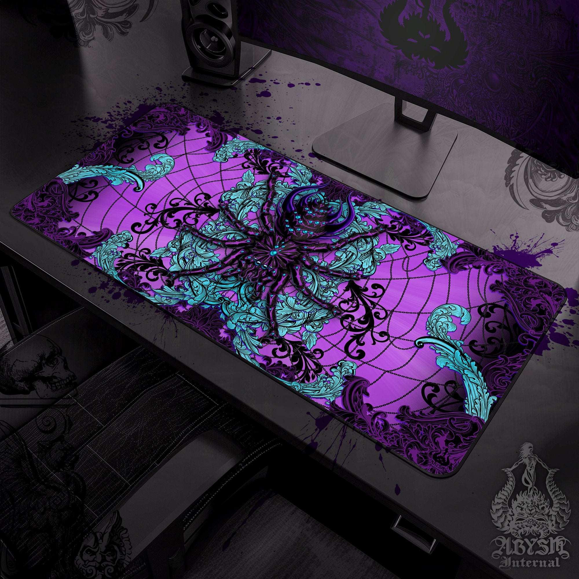 Pastel Goth Desk Mat, Spider Gaming Mouse Pad, Witchy Gamer Table Protector Cover, Tarantula Workpad, Whimsigoth Art Print - Black Purple - Abysm Internal