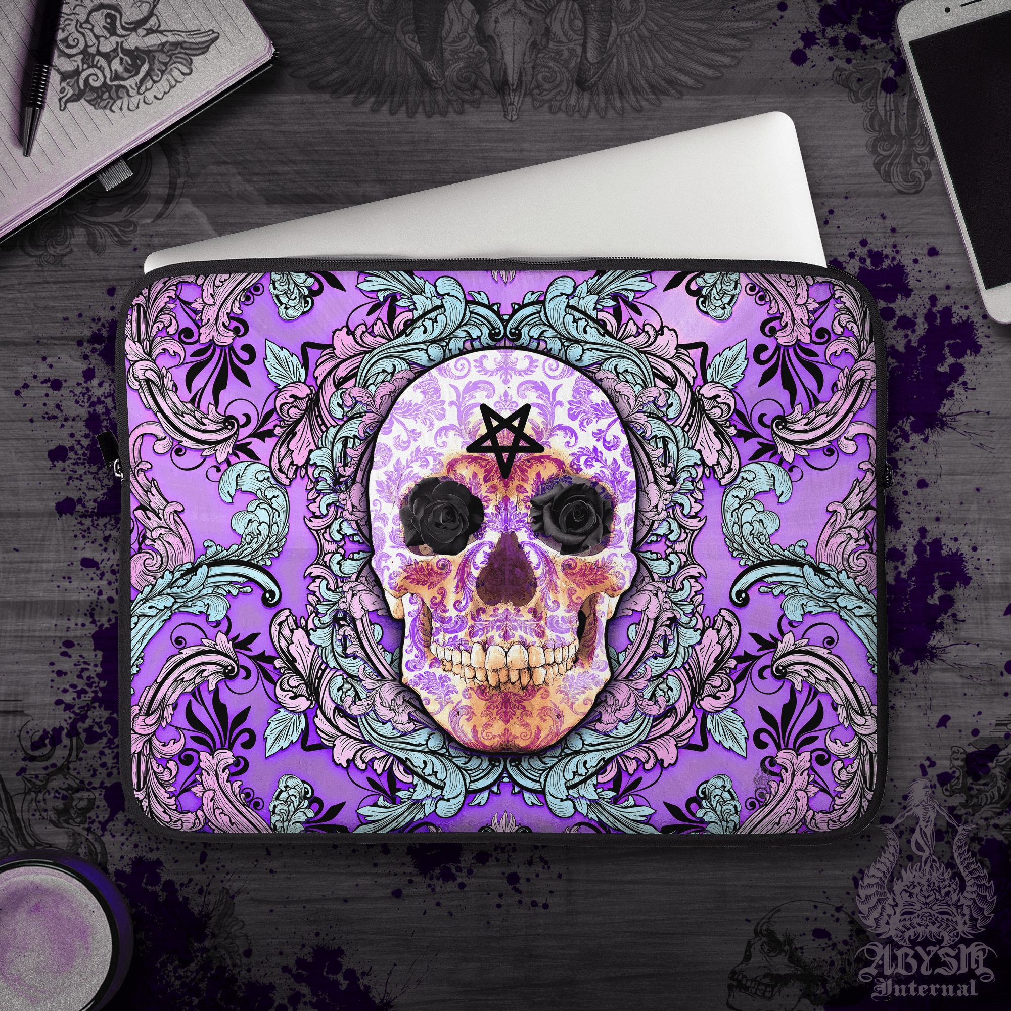 Pastel Goth Laptop Case – Whimsigoth Black and Purple Skull, 13" & 15", Dark Fantasy Art, Printed Padded Soft Sleeve - Abysm Internal