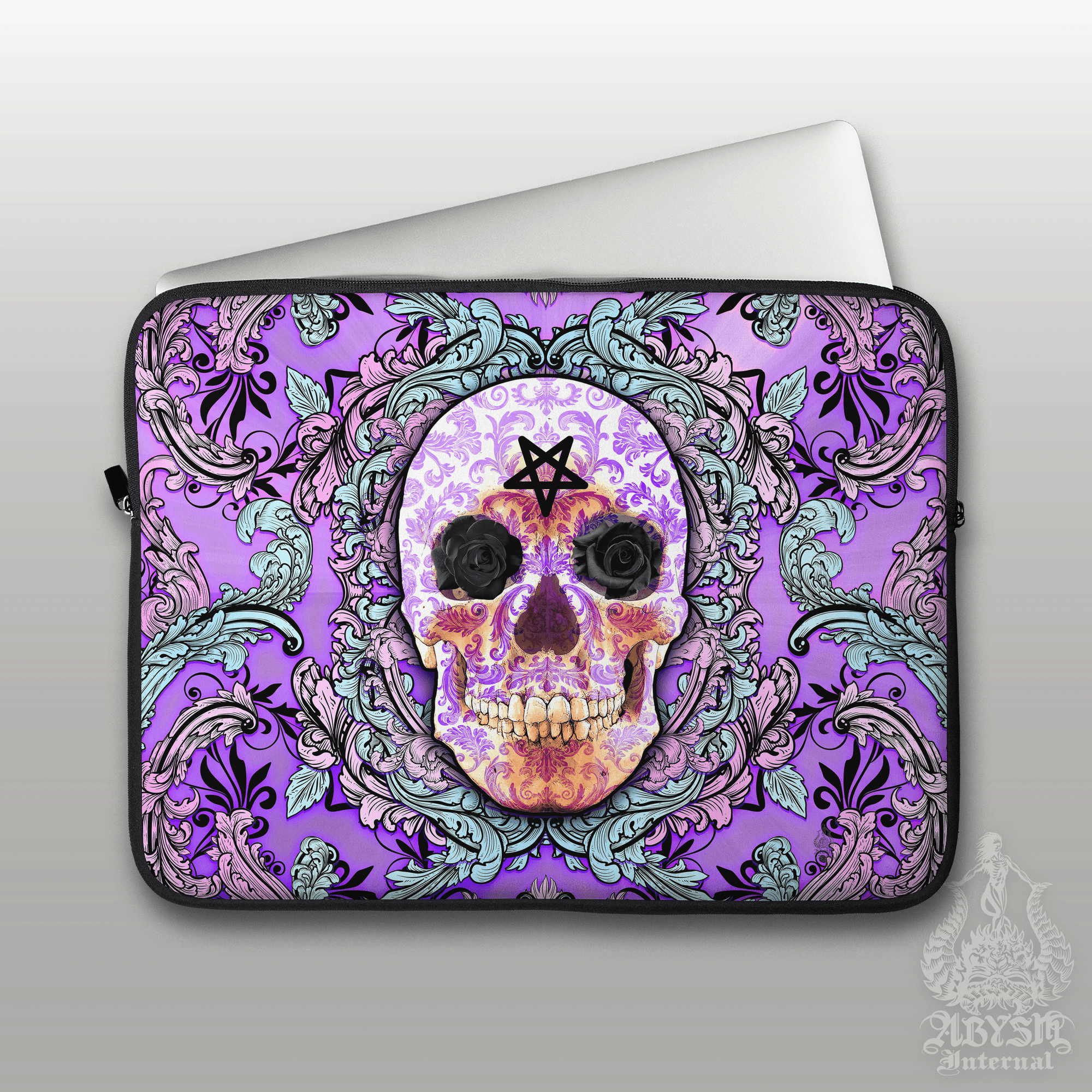 Pastel Goth Laptop Case – Whimsigoth Black and Purple Skull, 13" & 15", Dark Fantasy Art, Printed Padded Soft Sleeve - Abysm Internal