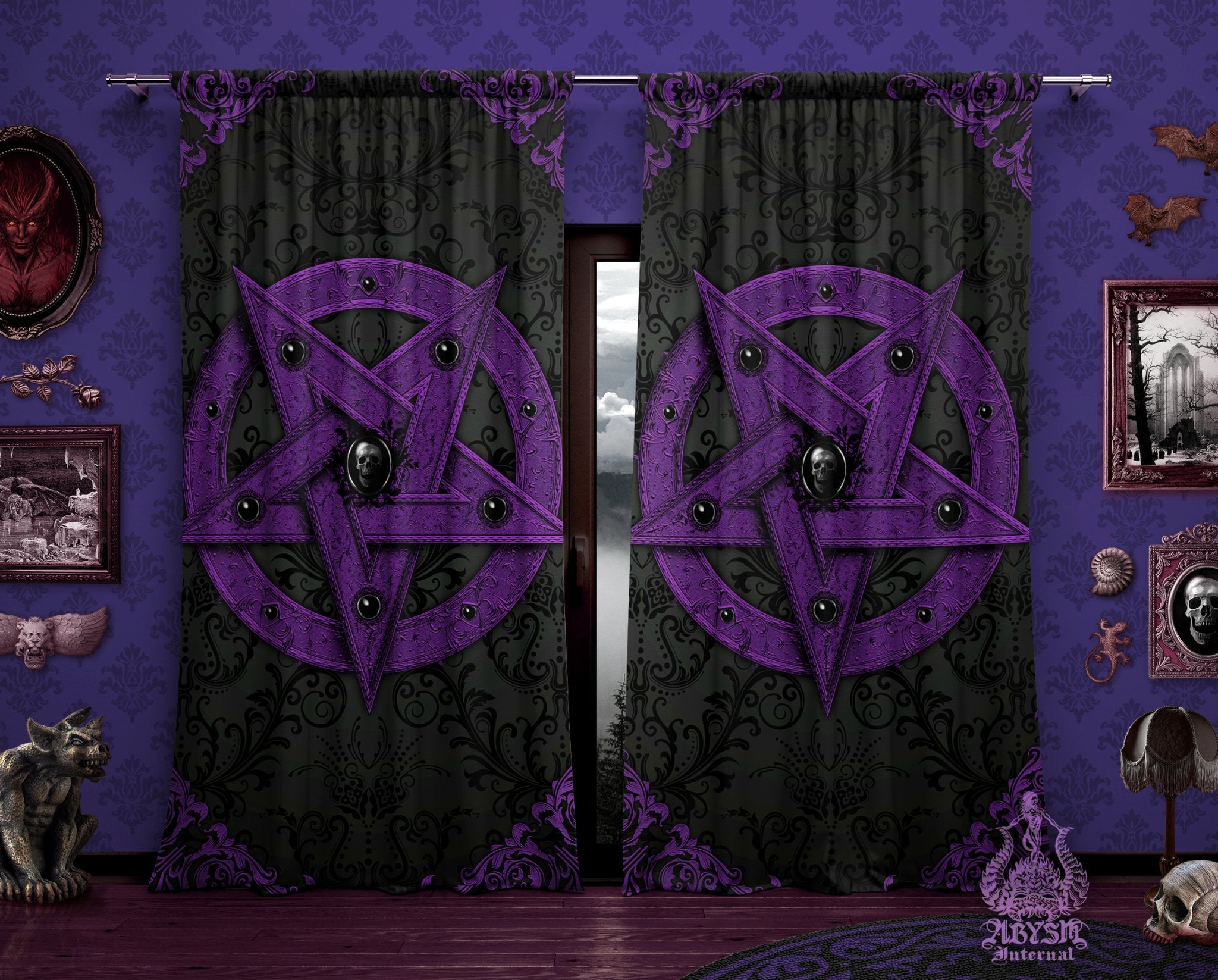 Pastel Goth Pentagram Curtains, Satanic Art, 50x84' Printed Window Panels, Purple Goth Home Decor - Abysm Internal
