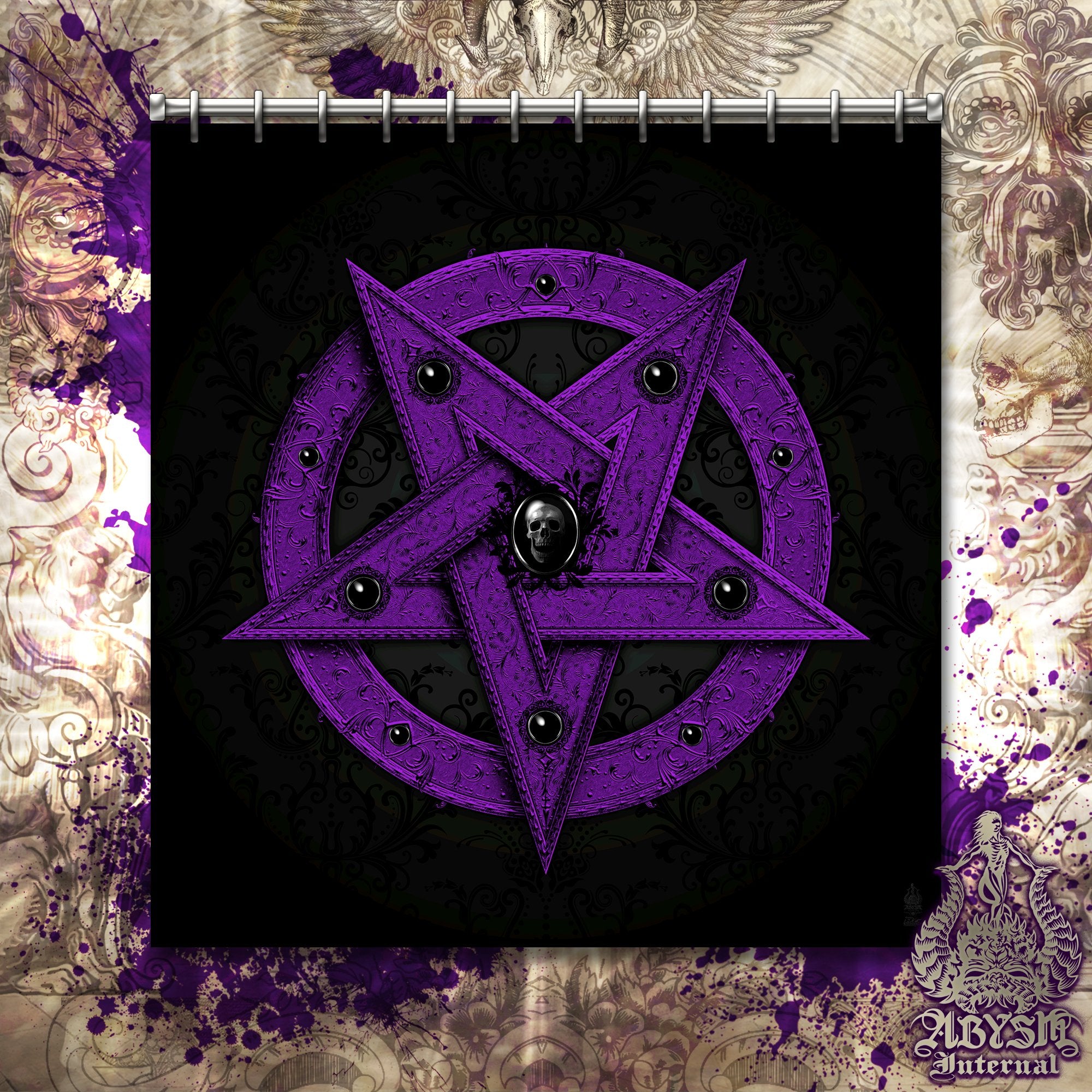 Pastel Goth Pentagram Shower Curtain, 71x74 inches, Whimsigoth Witch Bathroom Decor, Witchy Decor - Black Purple - Abysm Internal