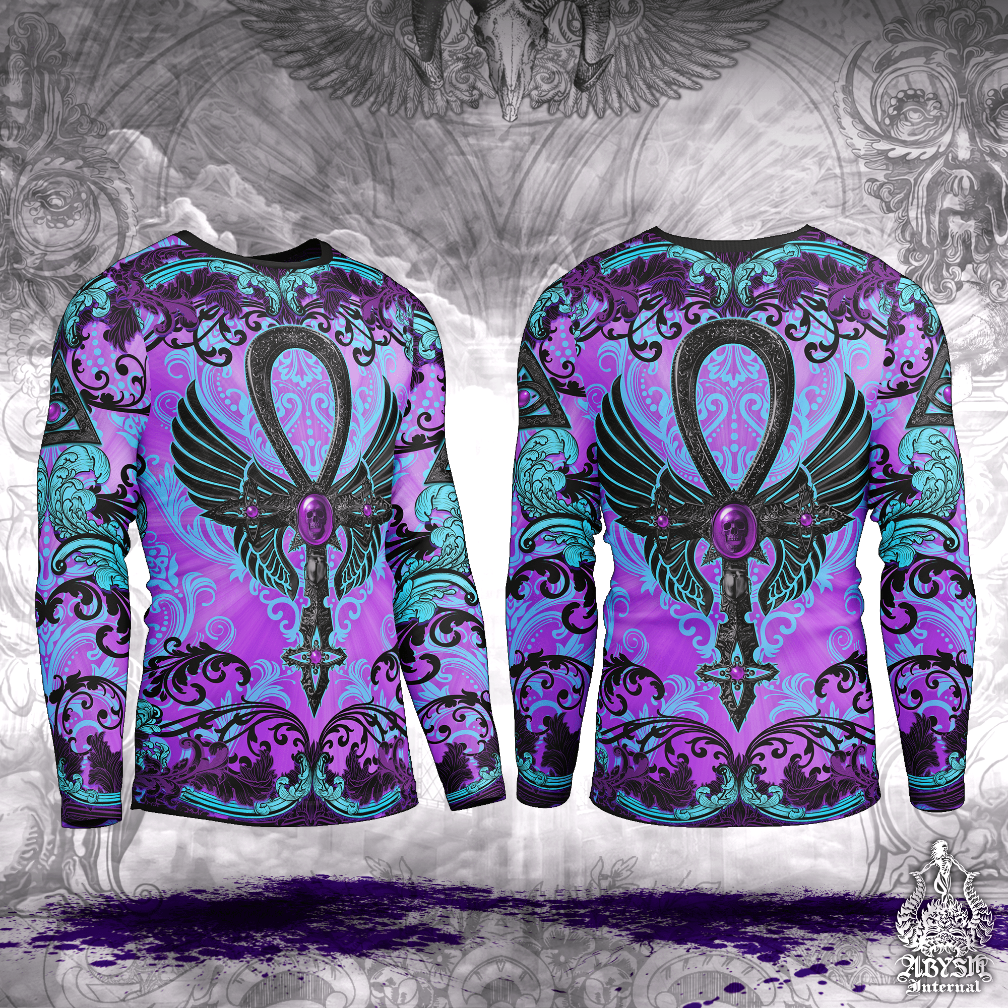 Pastel Goth Rash Guard - Black Ankh Long Sleeve Surf Shirt, Purple Gothic Purple Sports Top | Witchy Occult Art UV Protection Activewear for Men and Women - Abysm Internal