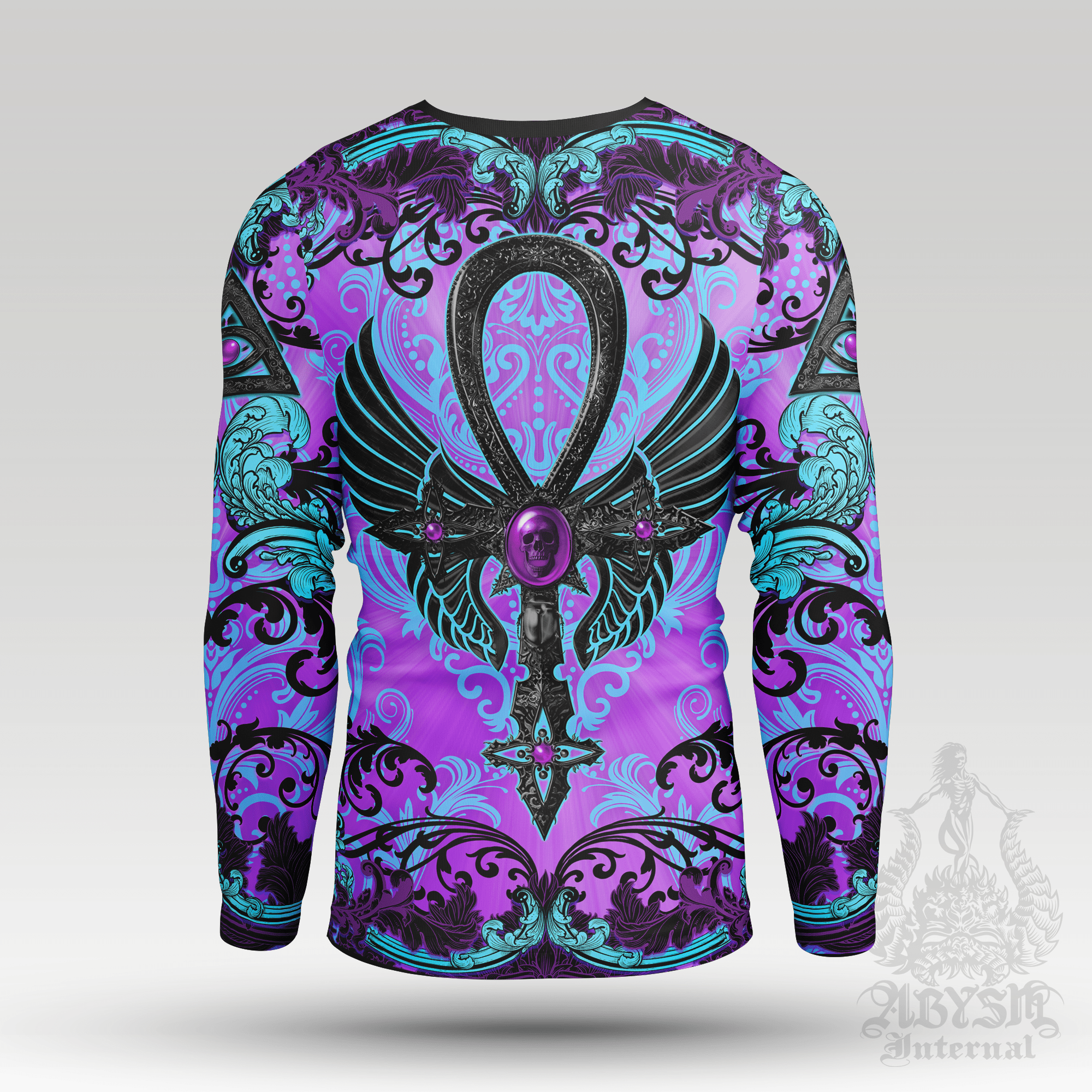 Pastel Goth Rash Guard - Black Ankh Long Sleeve Surf Shirt, Purple Gothic Purple Sports Top | Witchy Occult Art UV Protection Activewear for Men and Women - Abysm Internal