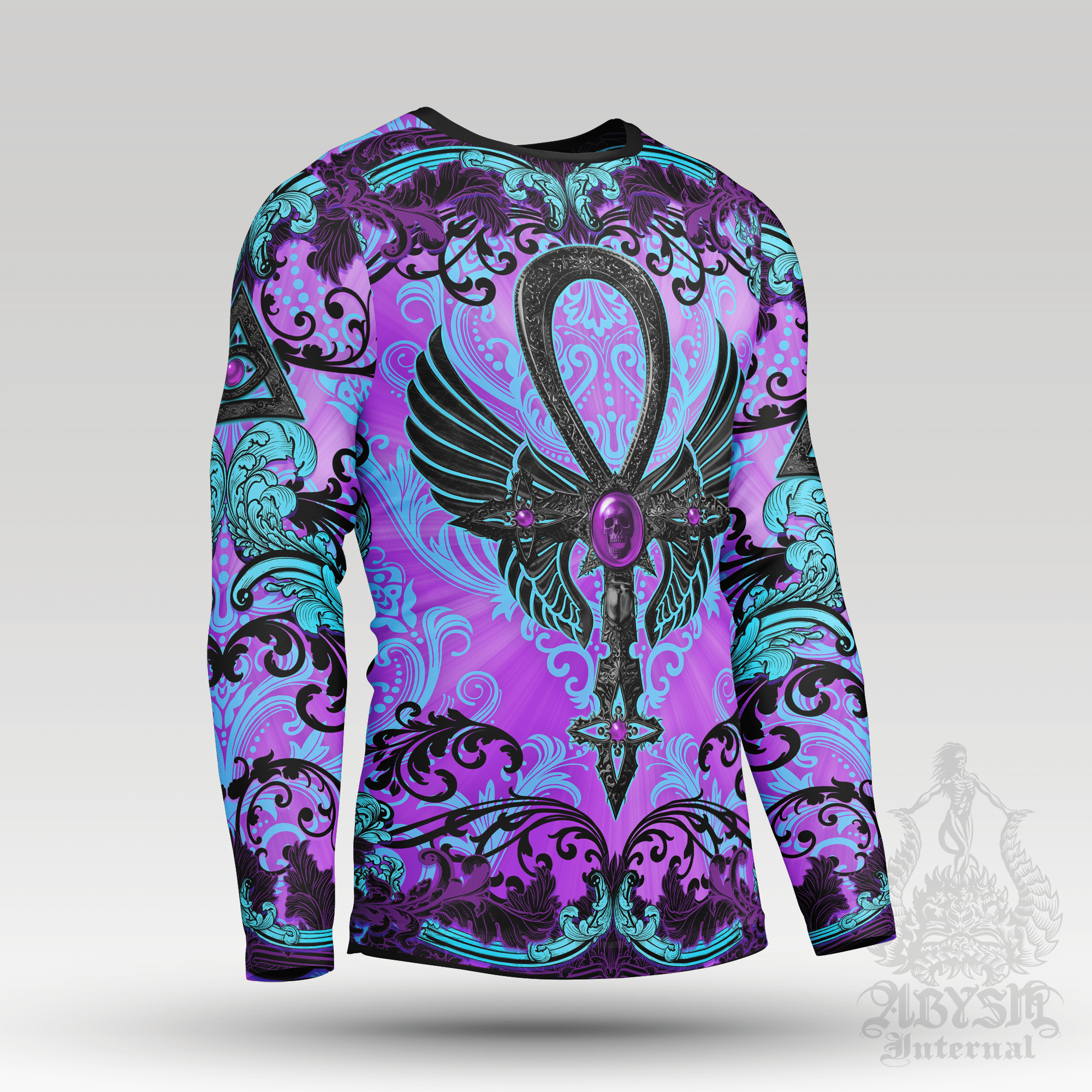 Pastel Goth Rash Guard - Black Ankh Long Sleeve Surf Shirt, Purple Gothic Purple Sports Top | Witchy Occult Art UV Protection Activewear for Men and Women - Abysm Internal