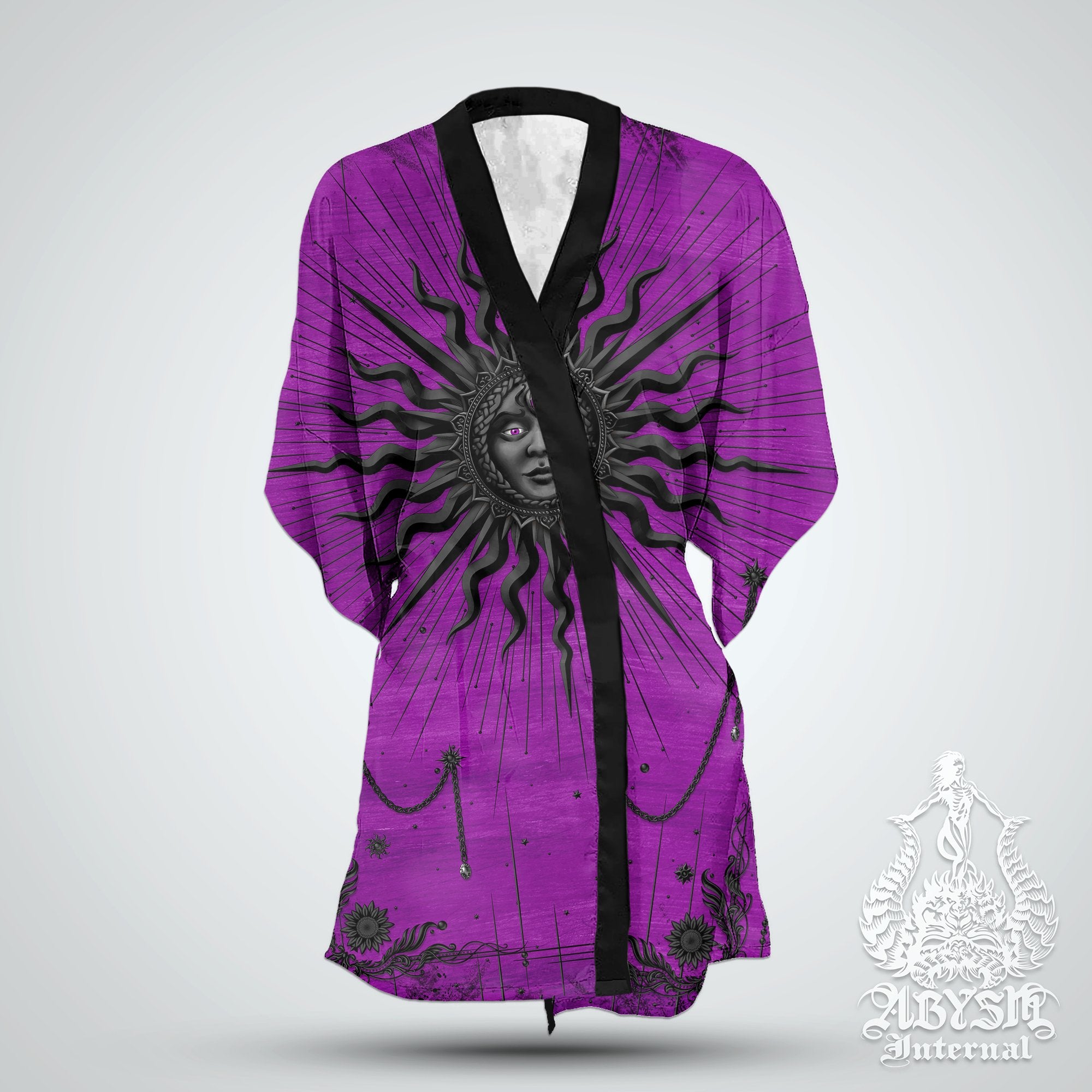Pastel Goth Short Kimono Robe, Sun Beach Party Outfit, Tarot Arcana Coverup, Black and Purple Summer Festival Top, Whimsigoth Clothing, Unisex - Abysm Internal