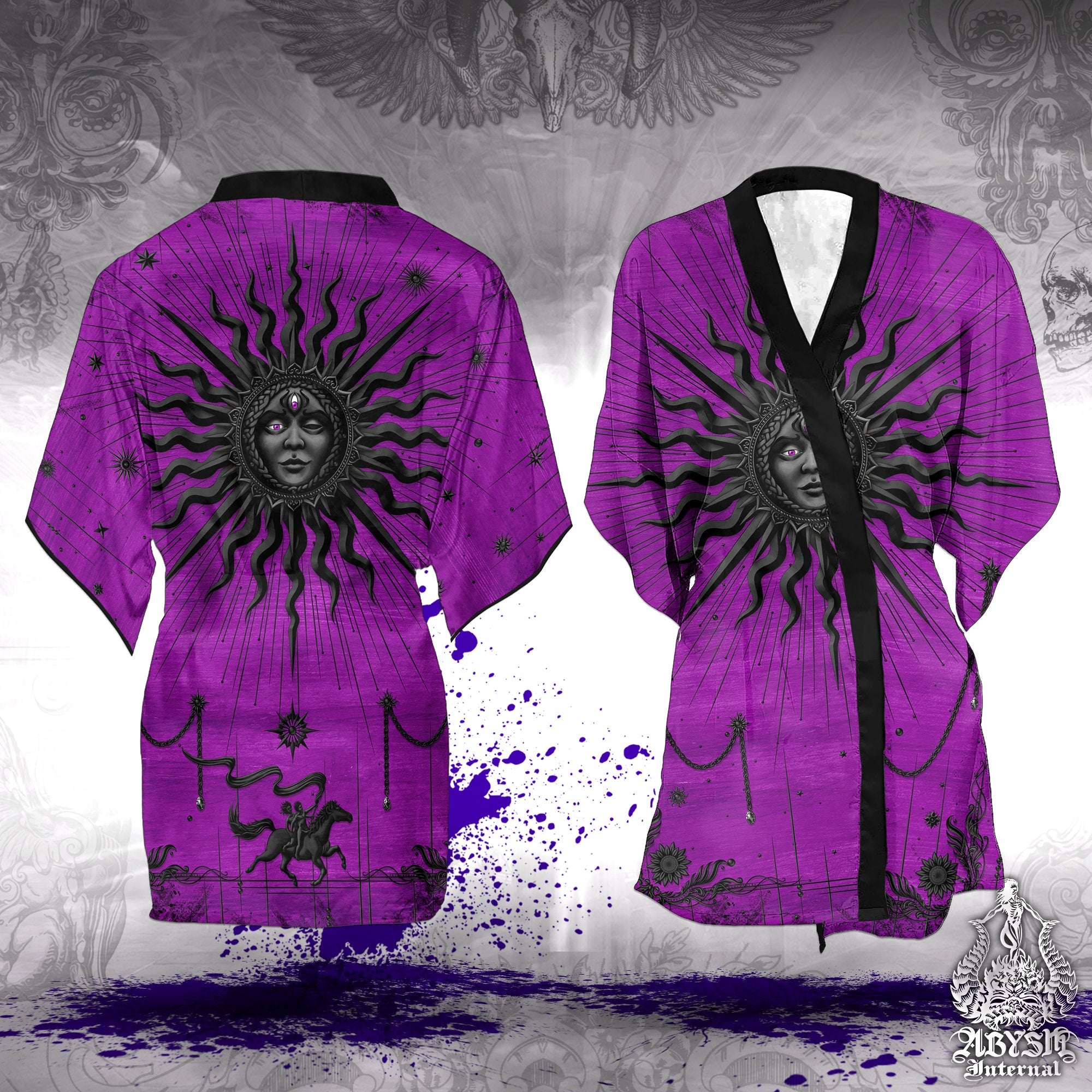 Pastel Goth Short Kimono Robe, Sun Beach Party Outfit, Tarot Arcana Coverup, Black and Purple Summer Festival Top, Whimsigoth Clothing, Unisex - Abysm Internal
