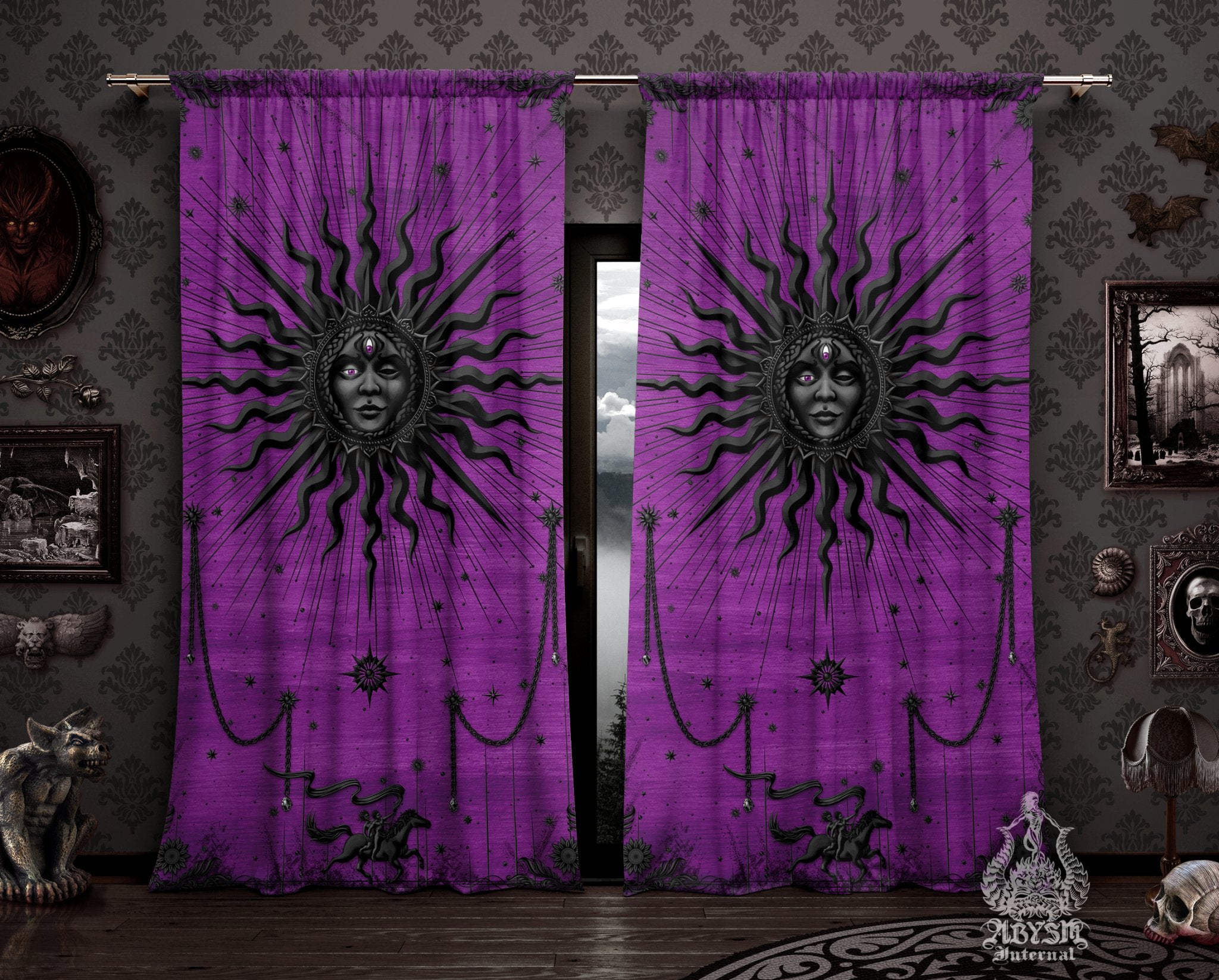 Pastel Goth Sun Curtains, 50x84' Printed Window Panels, Gothic Home Decor, Witchy Room, Tarot Arcana, Esoteric Art Print, Whimsigoth - Black Purple - Abysm Internal