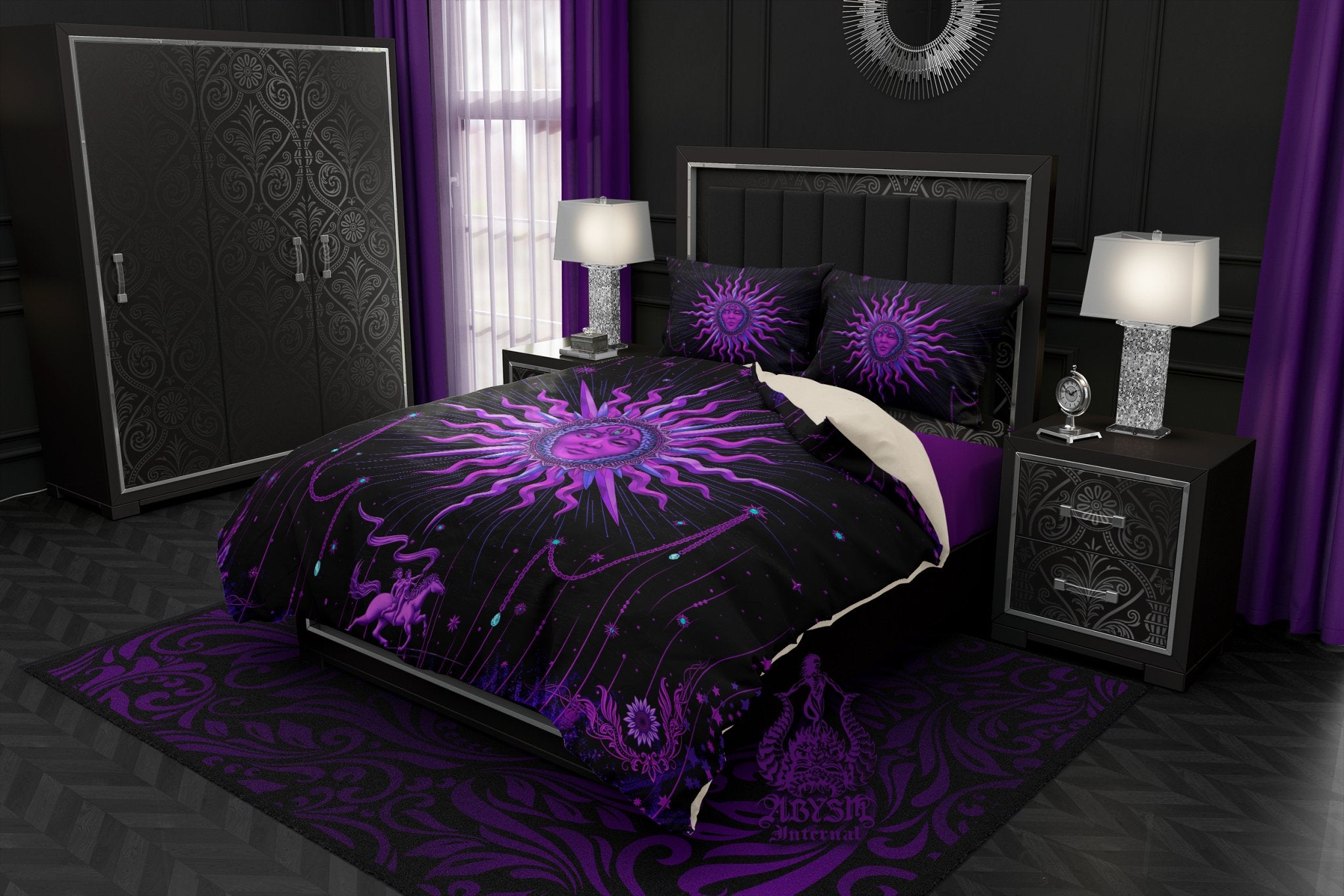 Pastel Goth Sun Duvet Cover, Bed Covering, Whimsigoth Comforter, Black and Purple Bedroom Decor King, Queen & Twin Bedding Set - Tarot Arcana Art - Abysm Internal