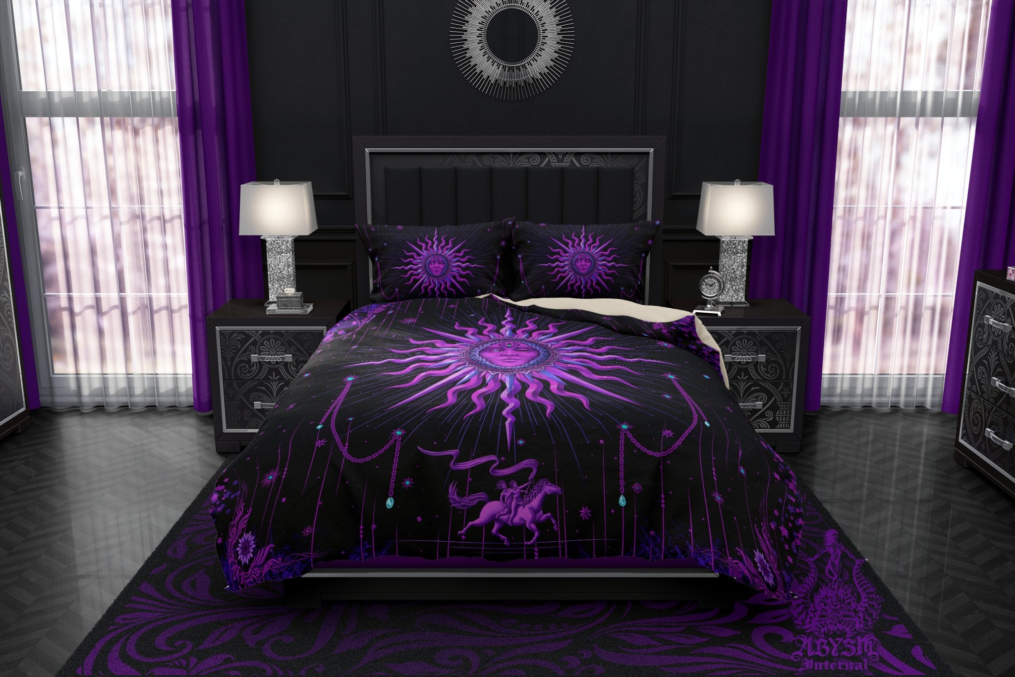 Pastel Goth Sun Duvet Cover, Bed Covering, Whimsigoth Comforter, Black and Purple Bedroom Decor King, Queen & Twin Bedding Set - Tarot Arcana Art - Abysm Internal