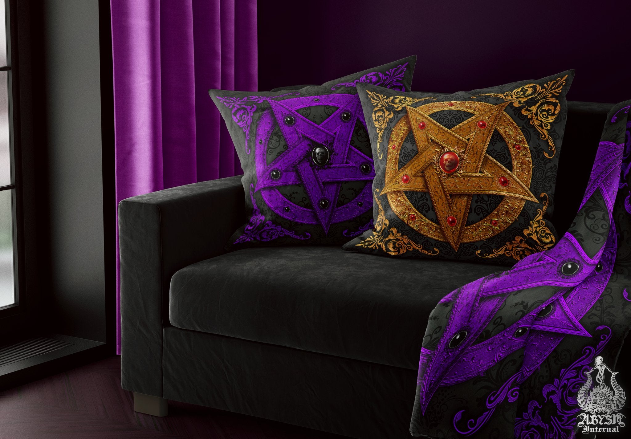 Pastel Goth Throw Pillow, Decorative Accent Pillow, Square Cushion Cover, Purple Pentagram, Satanic Witch Home, Whimsigoth Decor - Abysm Internal