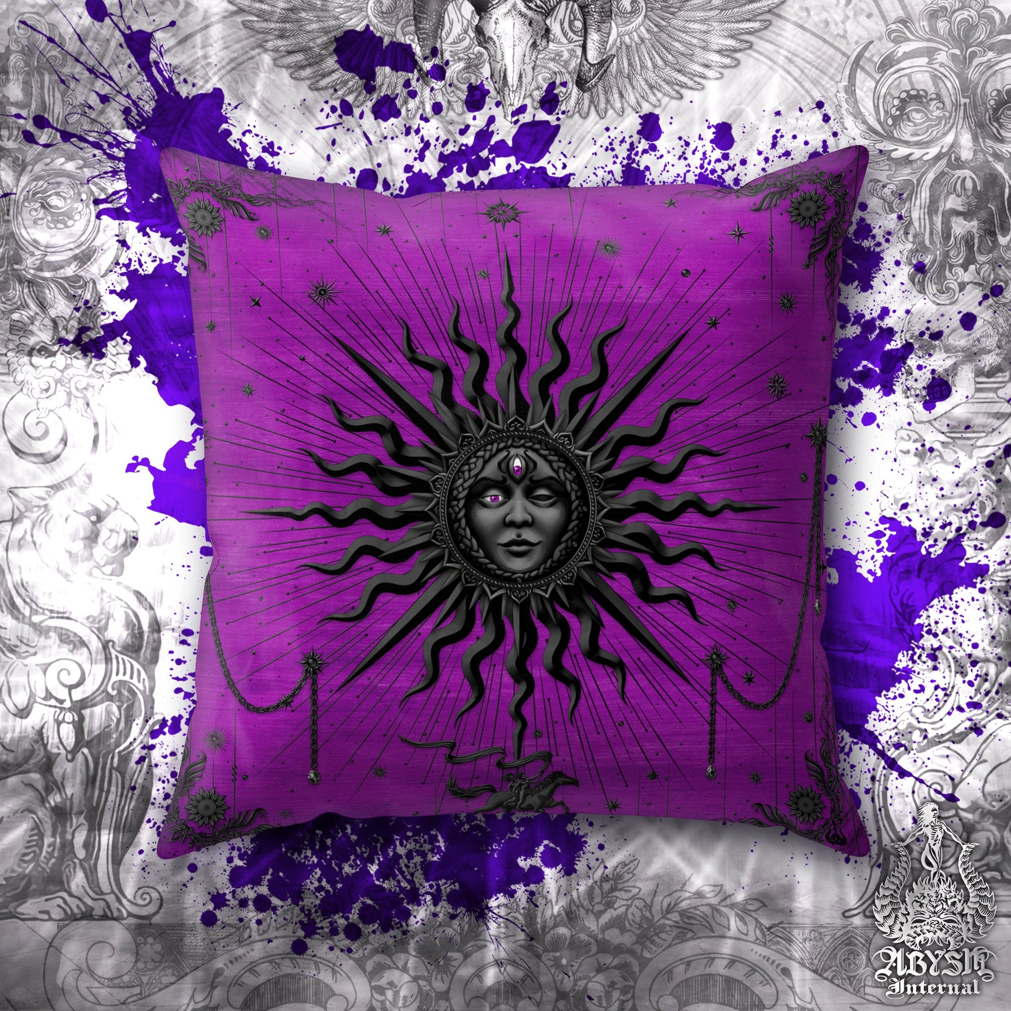 Pastel Goth Throw Pillow, Witchy Decorative Accent Pillow, Witch Square Cushion Cover, Black Sun, Arcana Tarot Art, Whimsigoth Home, Fortune & Magic Room Decor - Purple - Abysm Internal