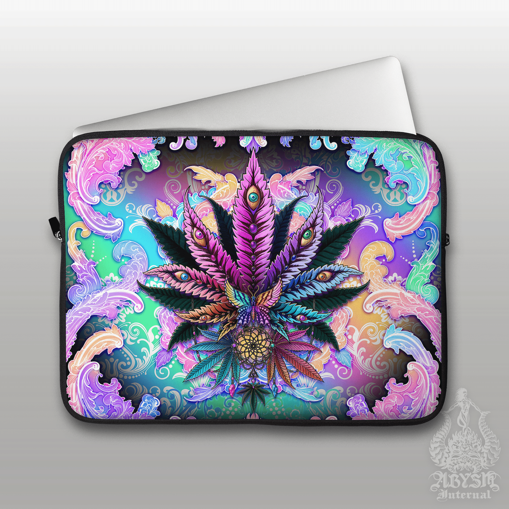 Pastel Punk Laptop Case – Black Cannabis Leaf, Multicolor, 13" & 15", Trippy 420 Weed Art, Printed Padded Soft Sleeve - Abysm Internal