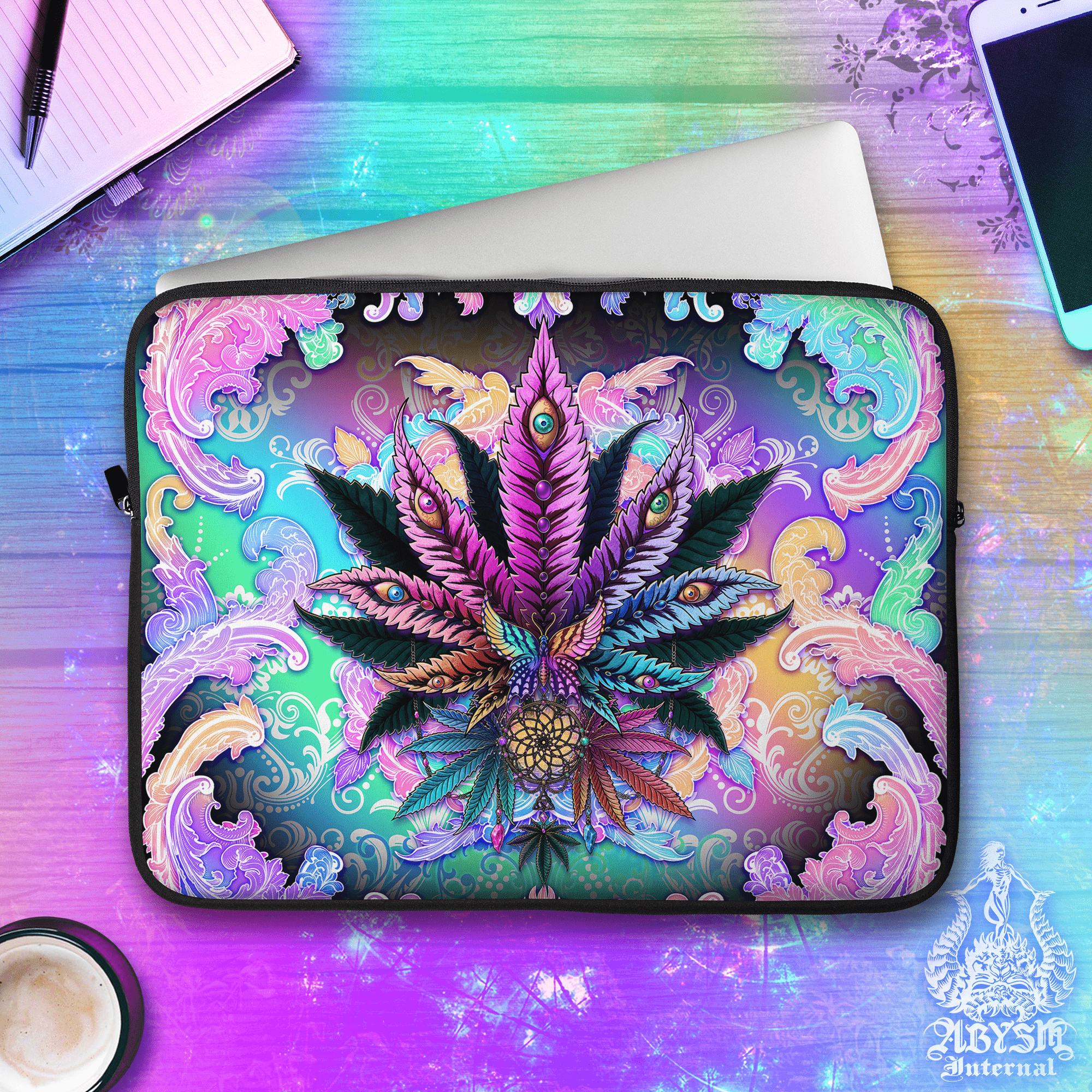 Pastel Punk Laptop Case – Black Cannabis Leaf, Multicolor, 13" & 15", Trippy 420 Weed Art, Printed Padded Soft Sleeve - Abysm Internal